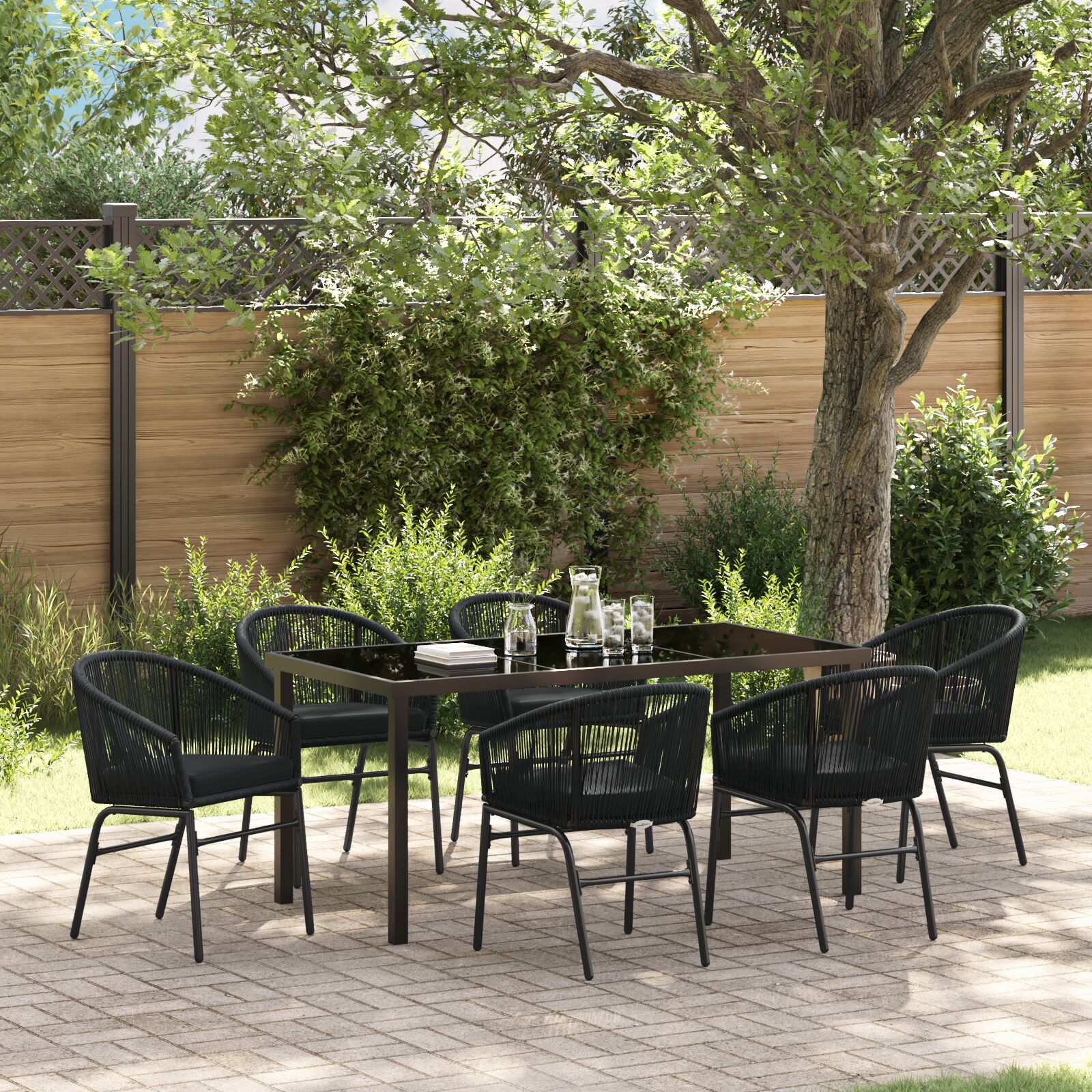 7-teiliges Gartenset in Schwarz Poly Rattan