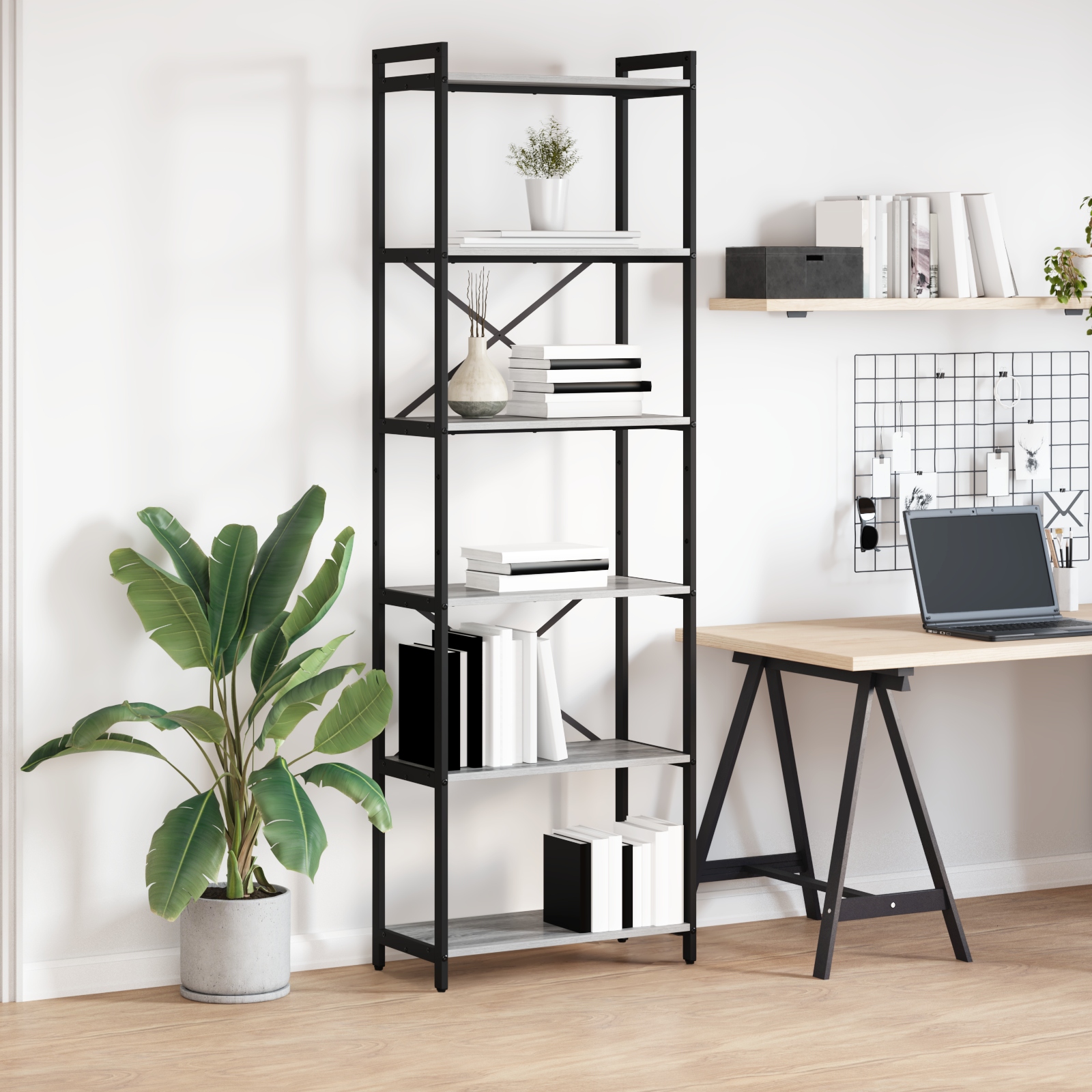 Bücherregal Grau Sonoma 60 x 30 x 188 cm Holz und Stahl