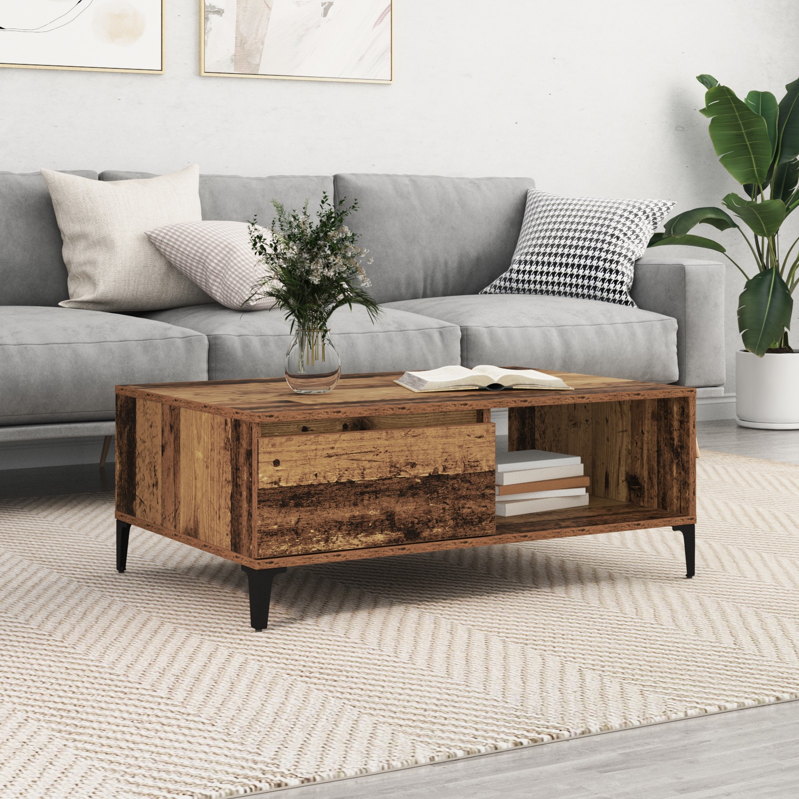 Couchtisch mit Regal mit Speicher mit Tür Altholz 90 x 60 x 35 cm Holzwerkstoff