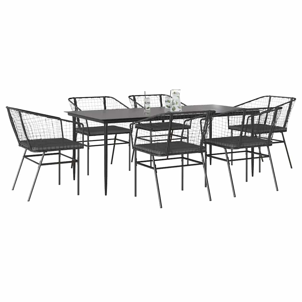 vidaXL 7-tlg. Garten-Essgruppe mit Kissen Schwarz Poly Rattan Glas