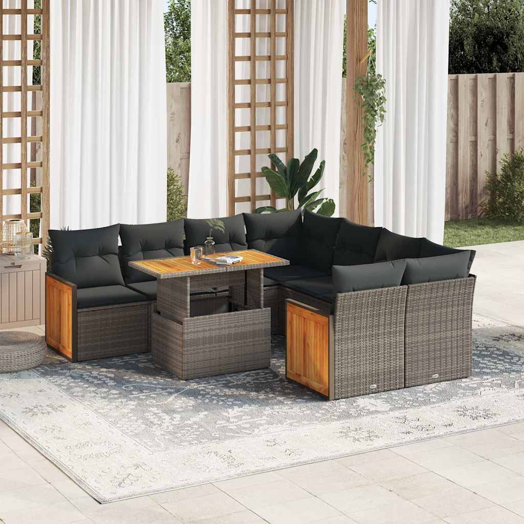 9-tlg. Garten-Sofagarnitur mit Kissen Grau Poly Rattan Akazie 9-tlg. Garten-Sofagarnitur mit Kissen Grau Poly Rattan Akazie