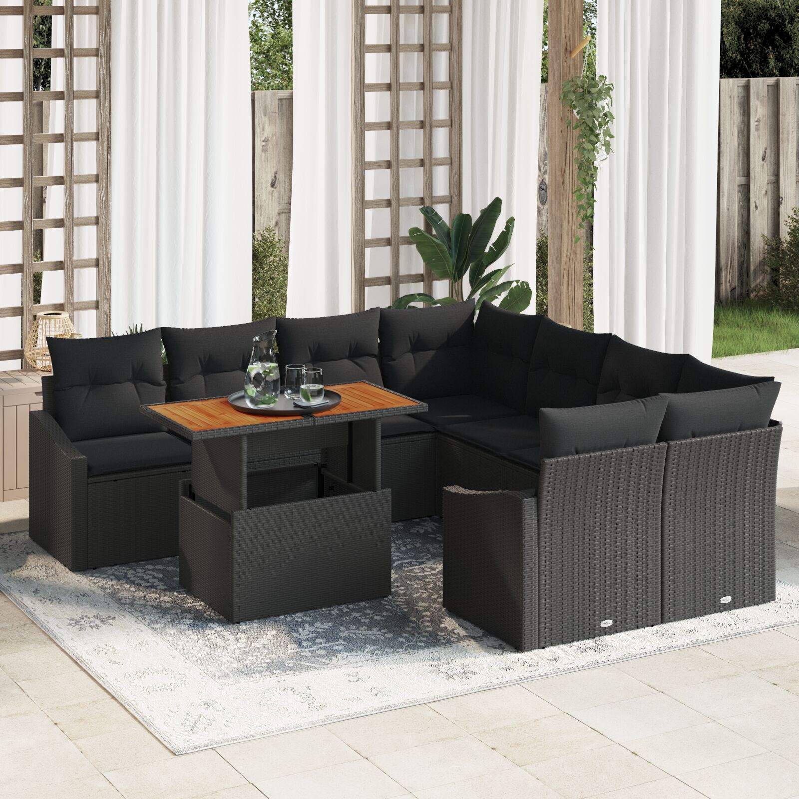 9-teiliges Garten Sofa Set mit Kissen Schwarz Poly Rattan 9-teiliges Garten Sofa Set mit Kissen Schwarz Poly Rattan