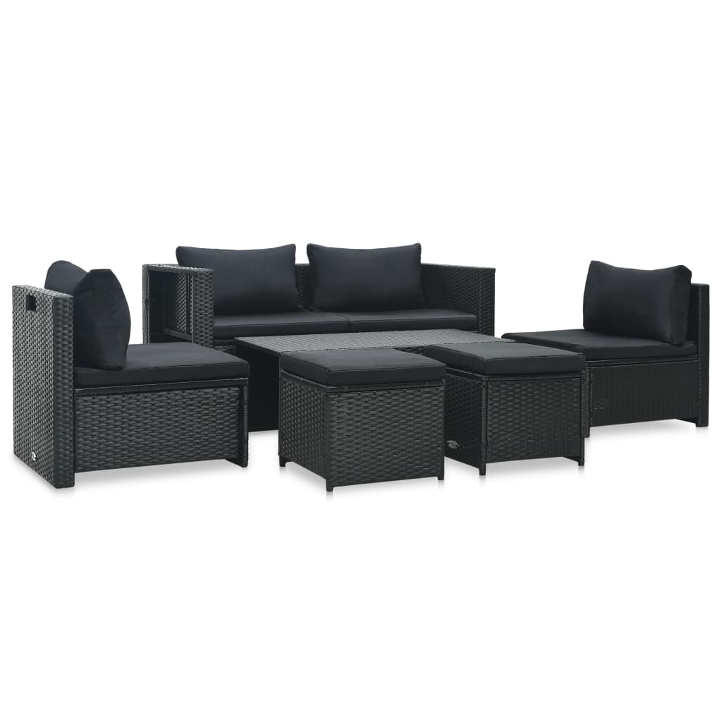 6-tlg. Garten-Lounge-Set mit Auflagen Poly Rattan Schwarz 6-tlg. Garten-Lounge-Set mit Auflagen Poly Rattan Schwarz