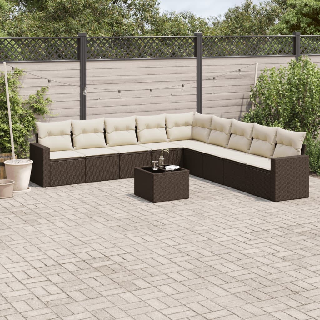 10-tlg. Garten-Sofagarnitur mit Kissen Braun Poly Rattan 10-tlg. Garten-Sofagarnitur mit Kissen Braun Poly Rattan