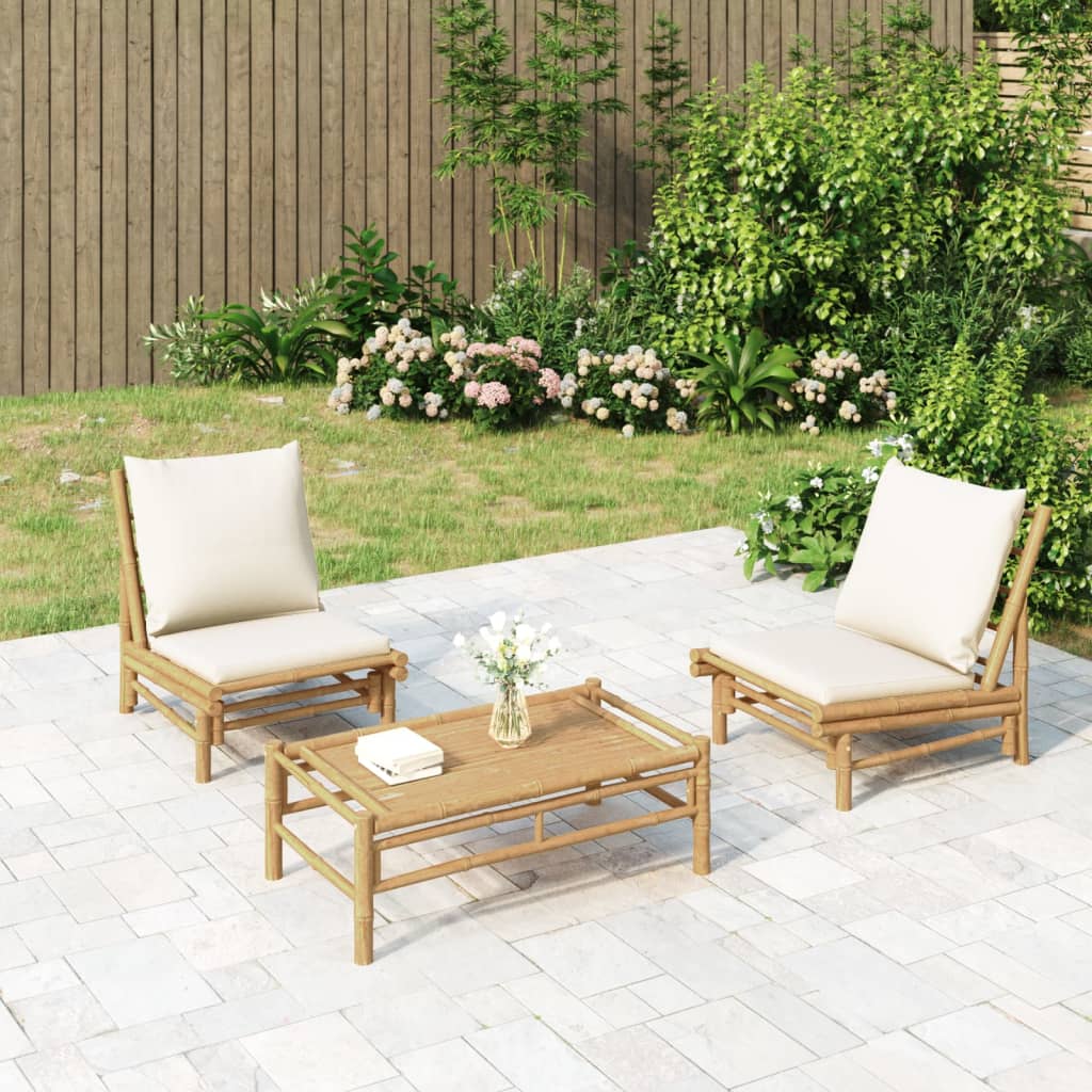 3-tlg. Garten-Lounge-Set mit Kissen Creme Bambus 3-tlg. Garten-Lounge-Set mit Kissen Creme Bambus