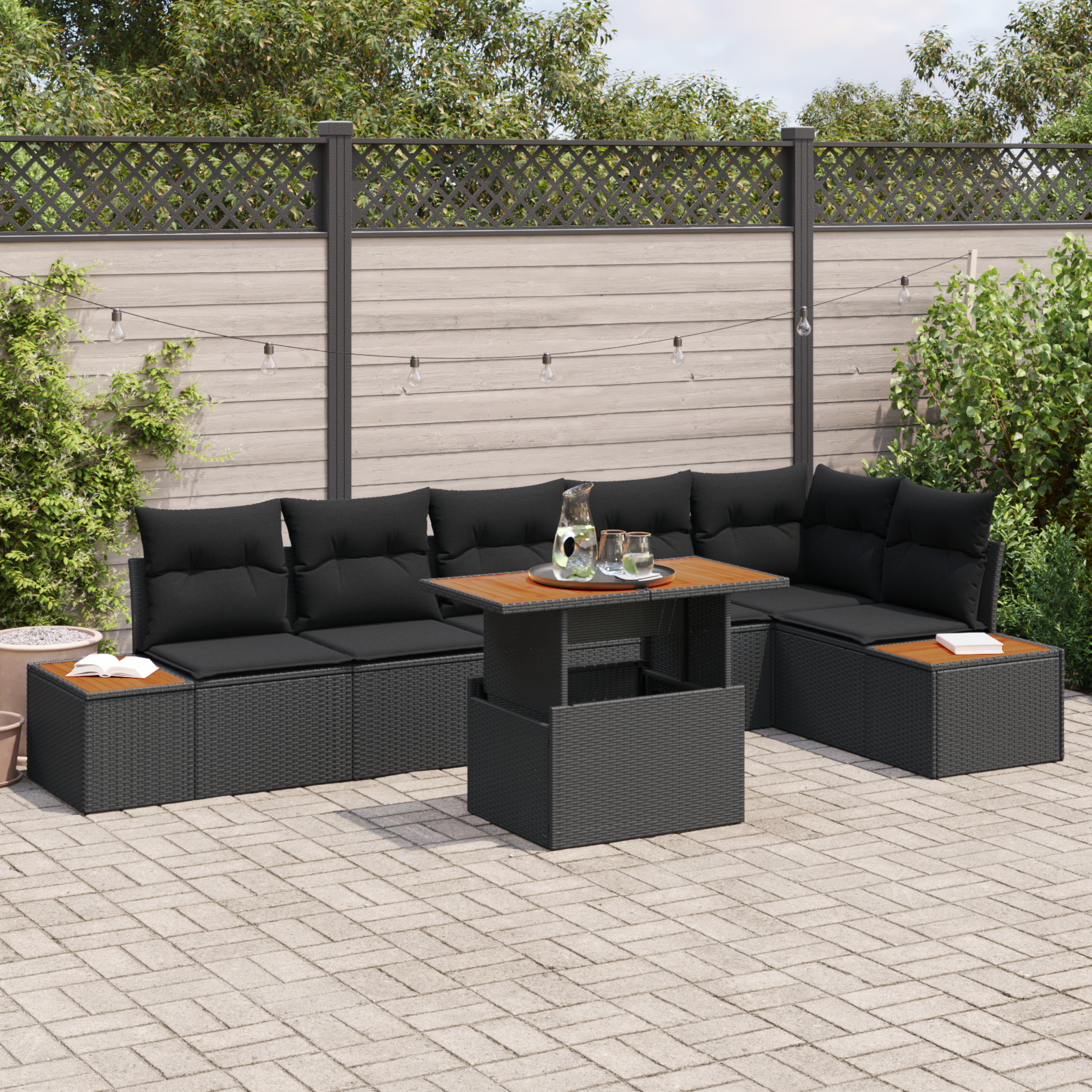 7-teiliges Garten Essgruppe mit Kissen Schwarz Poly Rattan Akazie 7-teiliges Garten Essgruppe mit Kissen Schwarz Poly Rattan Akazie