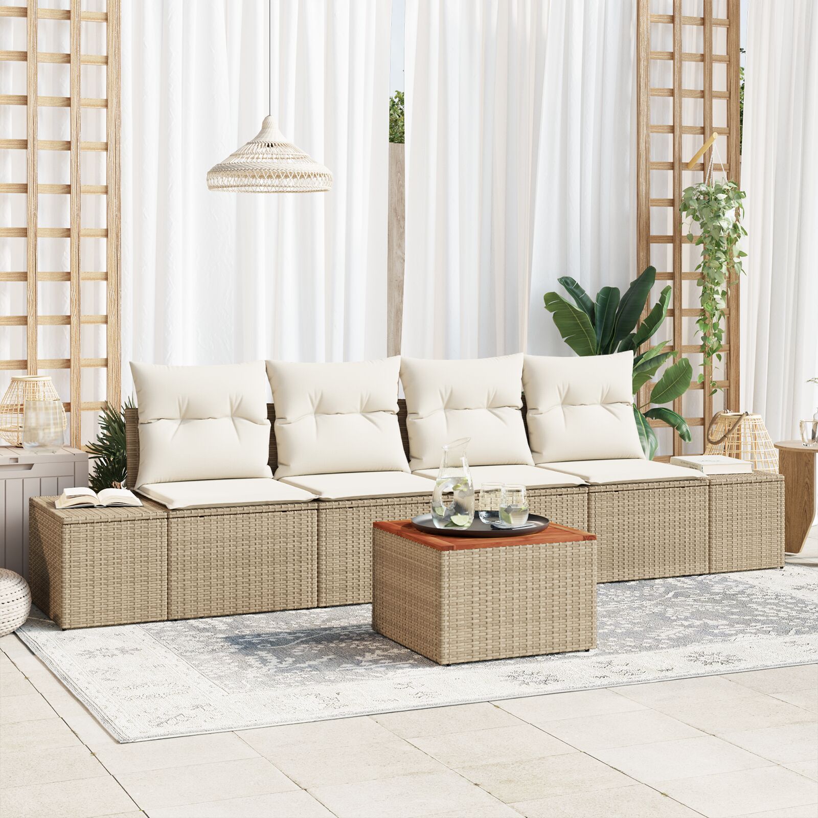5-teiliges Garten-Sofa-Set mit Kissen Beige Poly Rattan Akazie