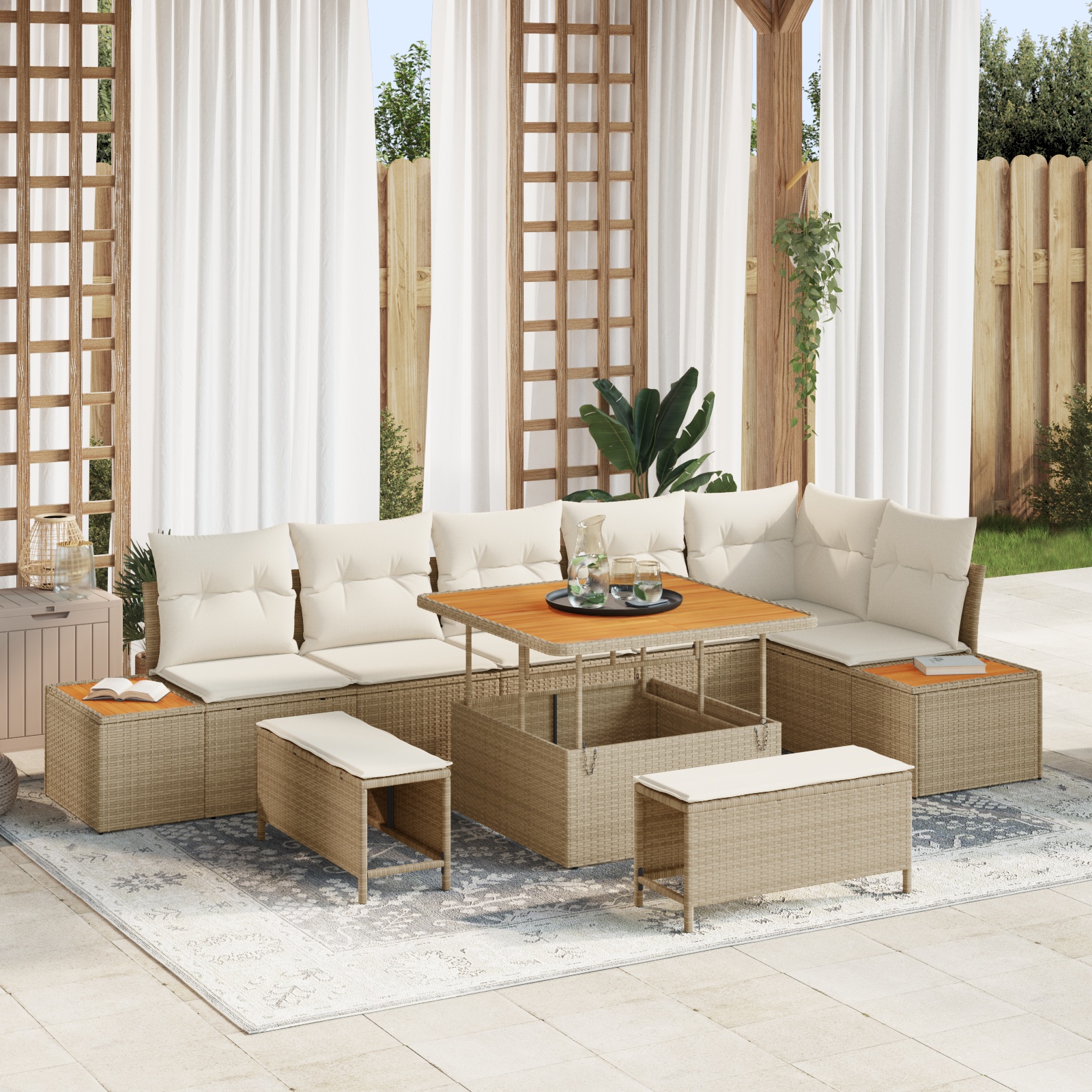 9-tlg. Garten-Sofagarnitur mit Kissen Beige Poly Rattan Akazie 9-tlg. Garten-Sofagarnitur mit Kissen Beige Poly Rattan Akazie