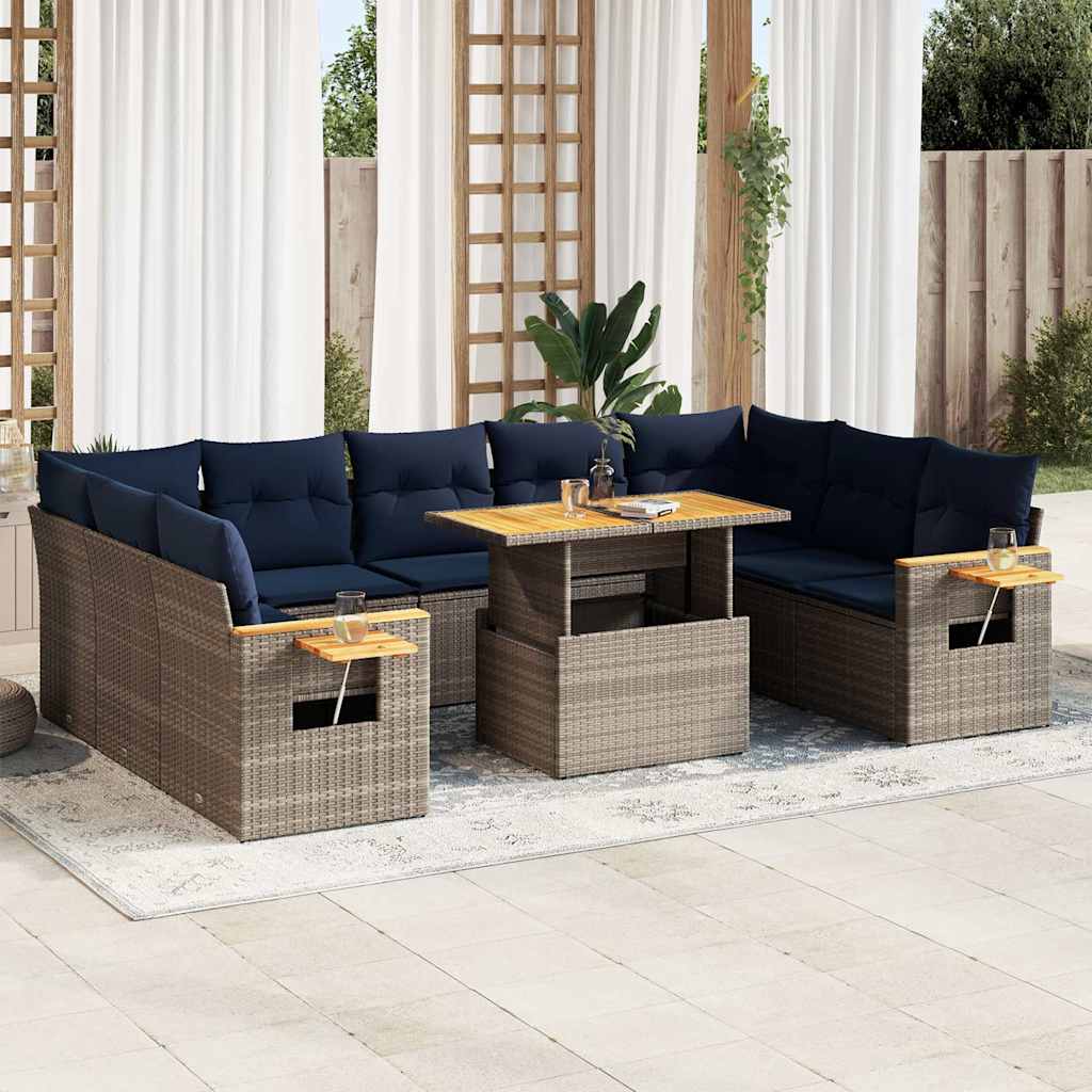 10-tlg. Garten-Sofagarnitur mit Kissen Grau Poly Rattan Akazie 10-tlg. Garten-Sofagarnitur mit Kissen Grau Poly Rattan Akazie