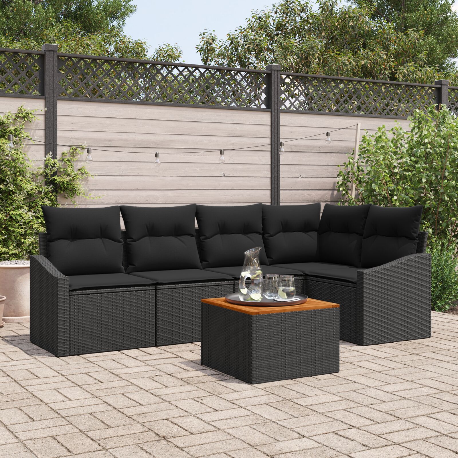 6-teiliges Garten Sofa Set mit Kissen Schwarz Poly Rattan Akazie