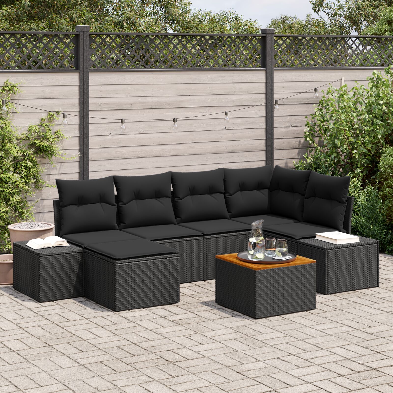 7-teiliges Garten-Sofa-Set mit Kissen Schwarz Poly Rattan Akazie 7-teiliges Garten-Sofa-Set mit Kissen Schwarz Poly Rattan Akazie