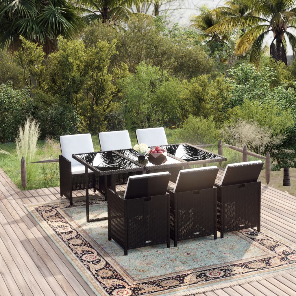 7-tlg. Garten-Essgruppe mit Kissen Poly Rattan Schwarz