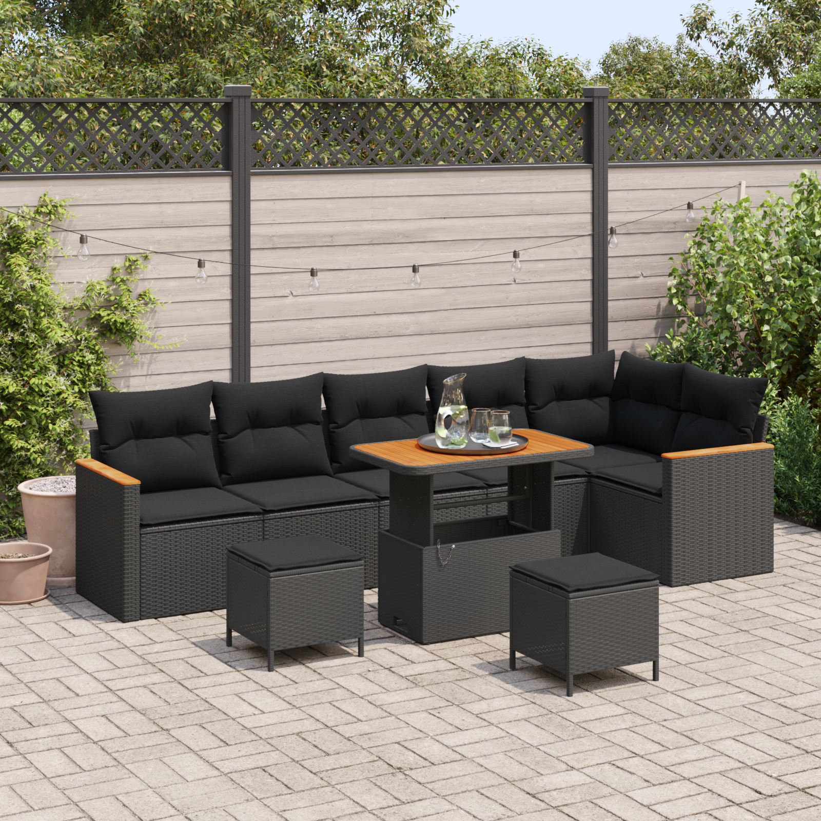 9-teiliges Garten-Sofa-Set mit schwarzen Poly-Rattan-Kissen und Akazie