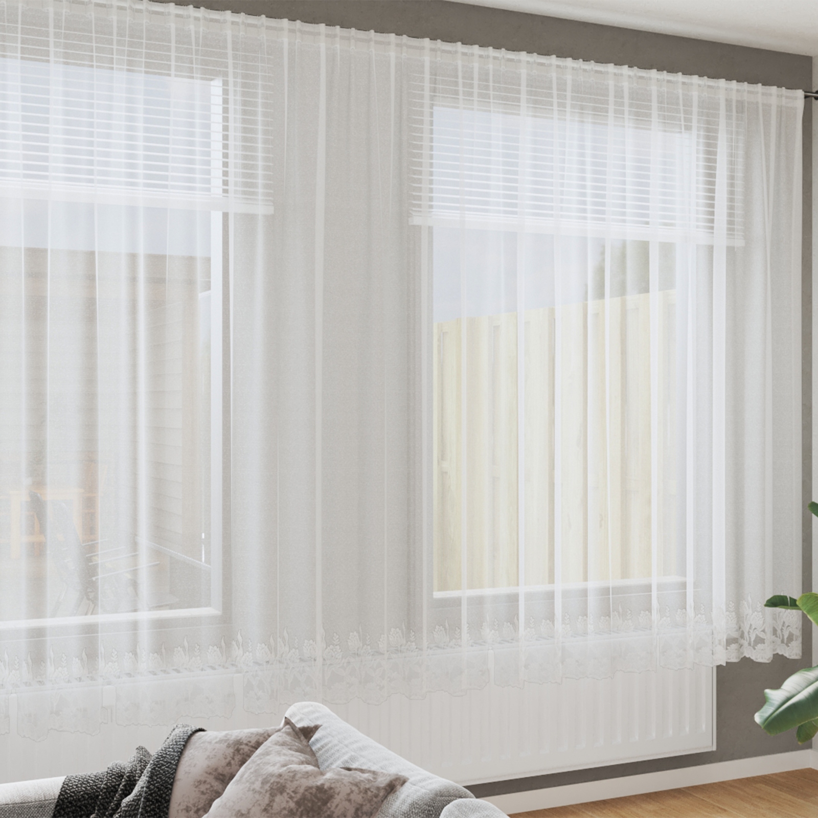 Spitzenvorhang mit Vorhängen Floral Weiß 500 x 240 cm Polyester