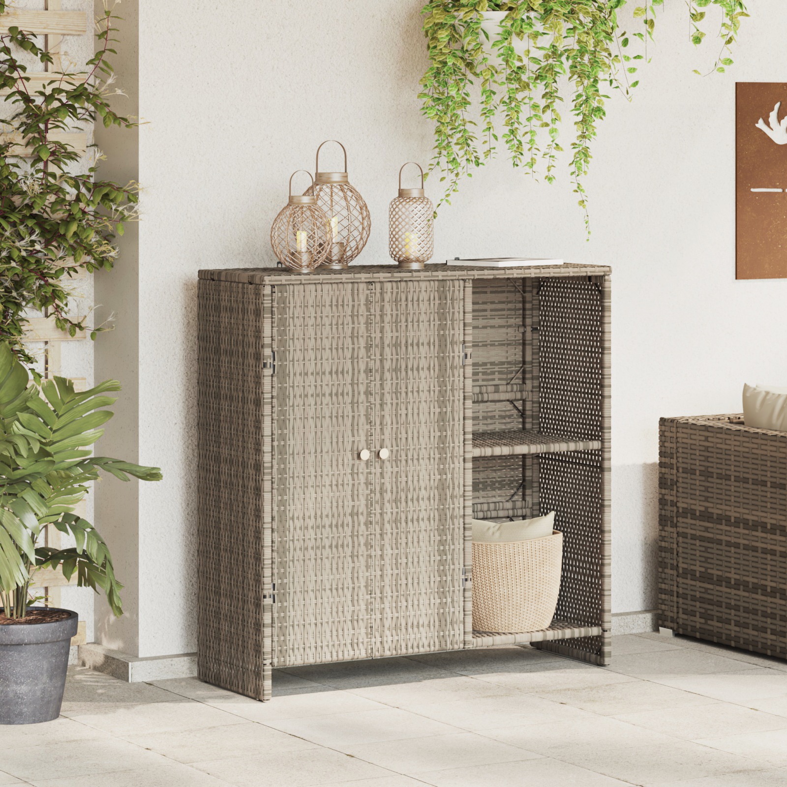 Badschrank mit Speicher mit Tür Hellgrau 100 x 36 x 102 cm Rattan