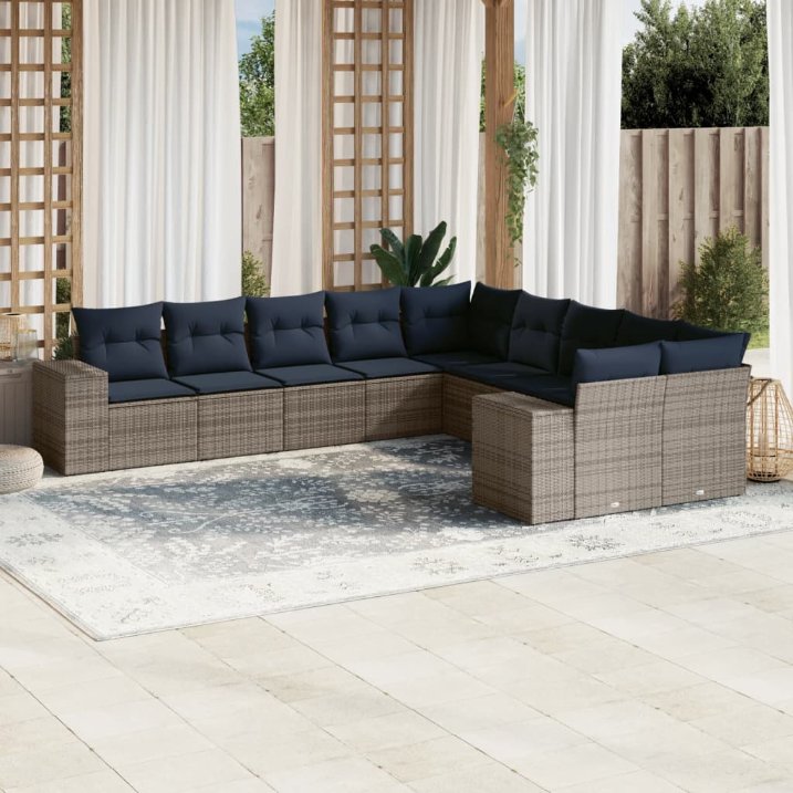 10-teiliges Gartensofa-Set mit Kissen, grau, Polyrattan 10-teiliges Gartensofa-Set mit Kissen, grau, Polyrattan