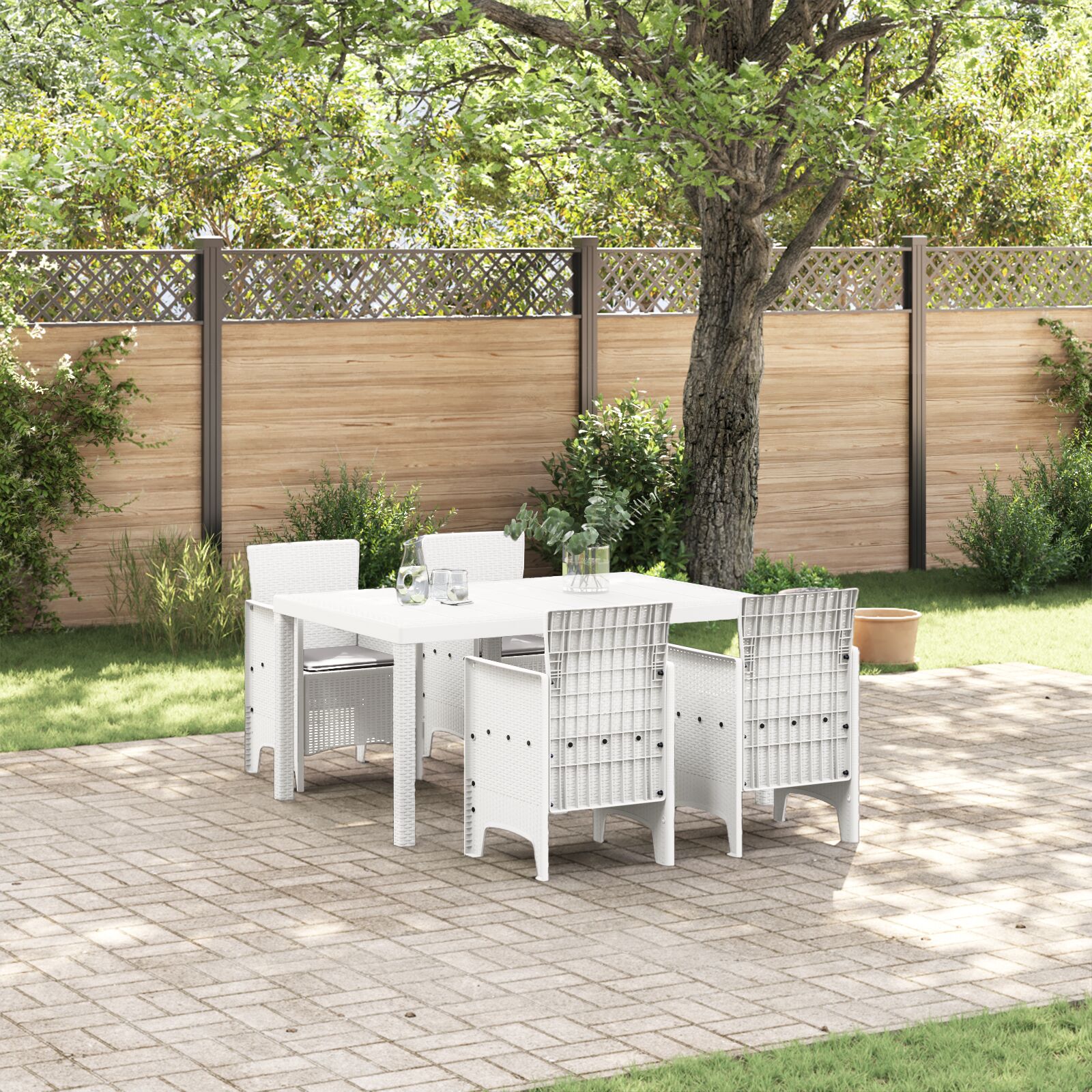 5-teiliges Garten Essset mit Kissen Weiß Poly Rattan