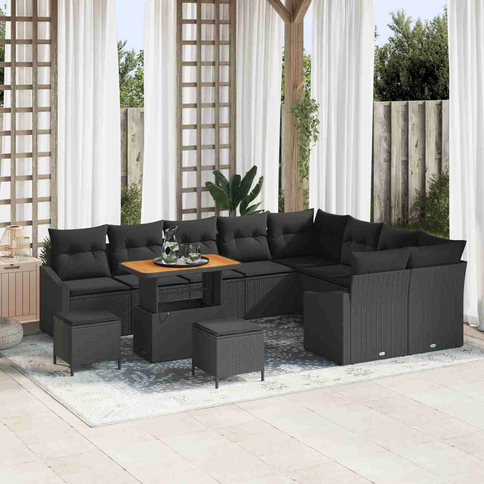 12-teilige Garten Sofa Set mit Kissen schwarz Poly Rattan Akazie