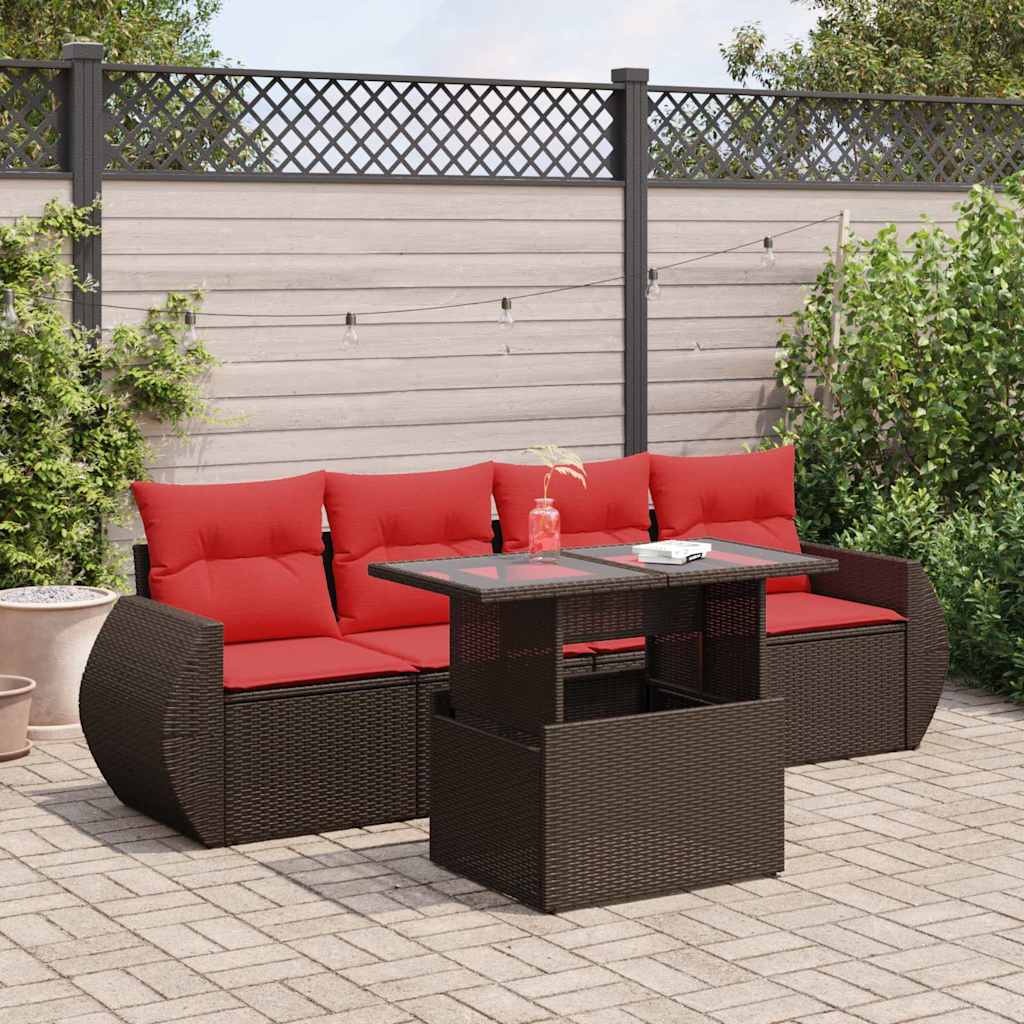 5-tlg. Garten-Sofagarnitur mit Kissen Braun Poly Rattan Akazie 5-tlg. Garten-Sofagarnitur mit Kissen Braun Poly Rattan Akazie