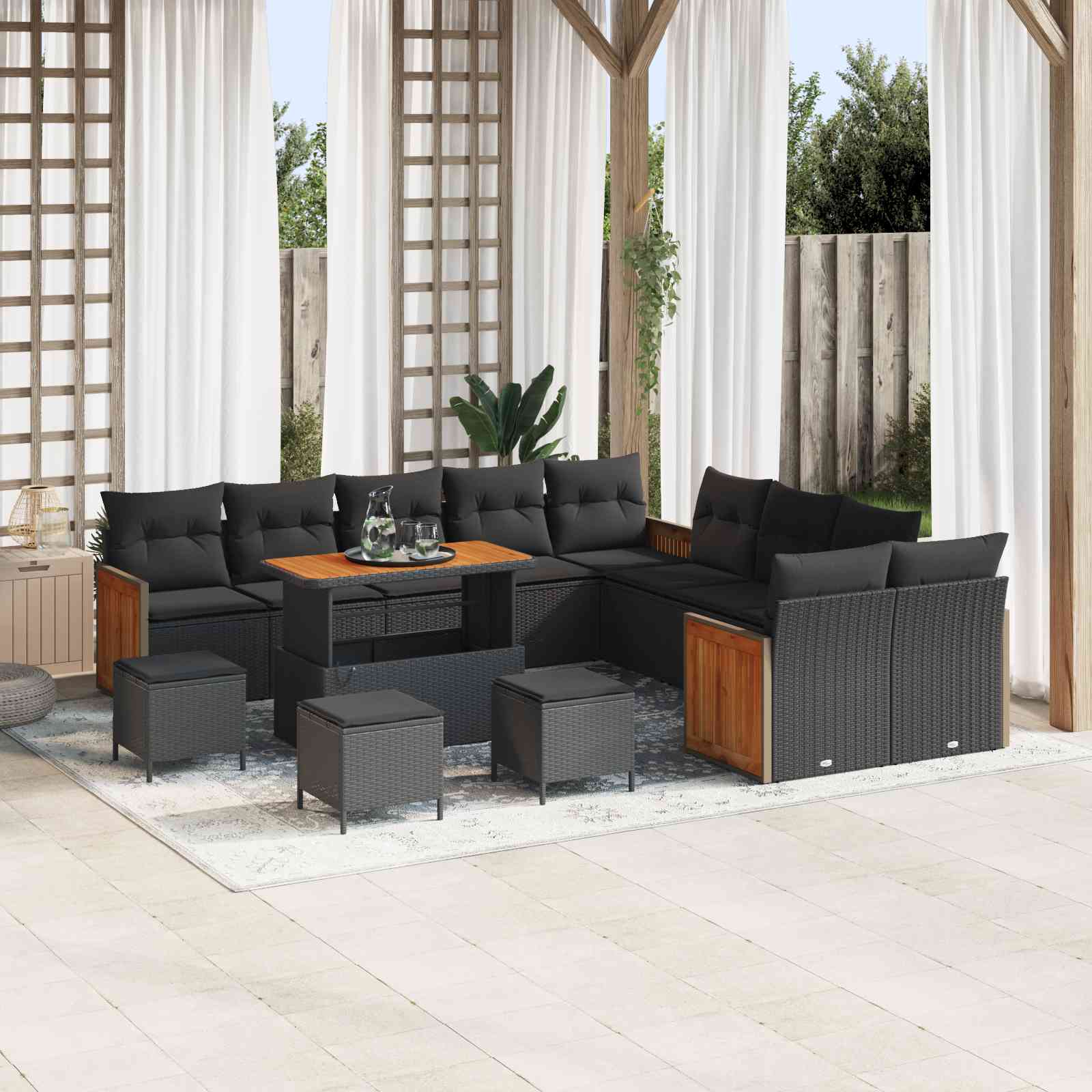 14-teilige Garten-Sofa-Set mit Kissen Schwarz Poly-Rattan Akazie