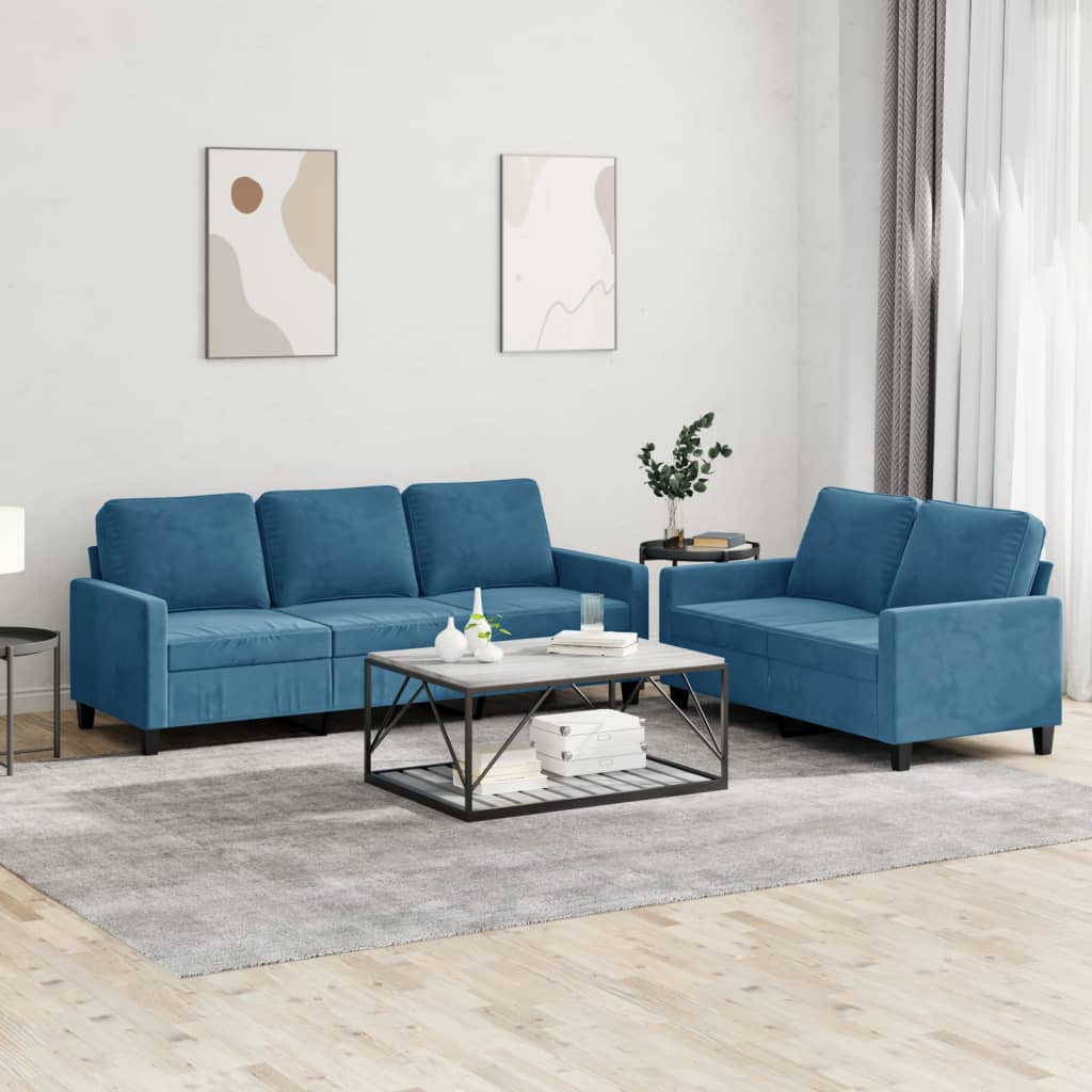 2-tlg. Sofagarnitur mit Kissen Blau Samt 2-tlg. Sofagarnitur mit Kissen Blau Samt