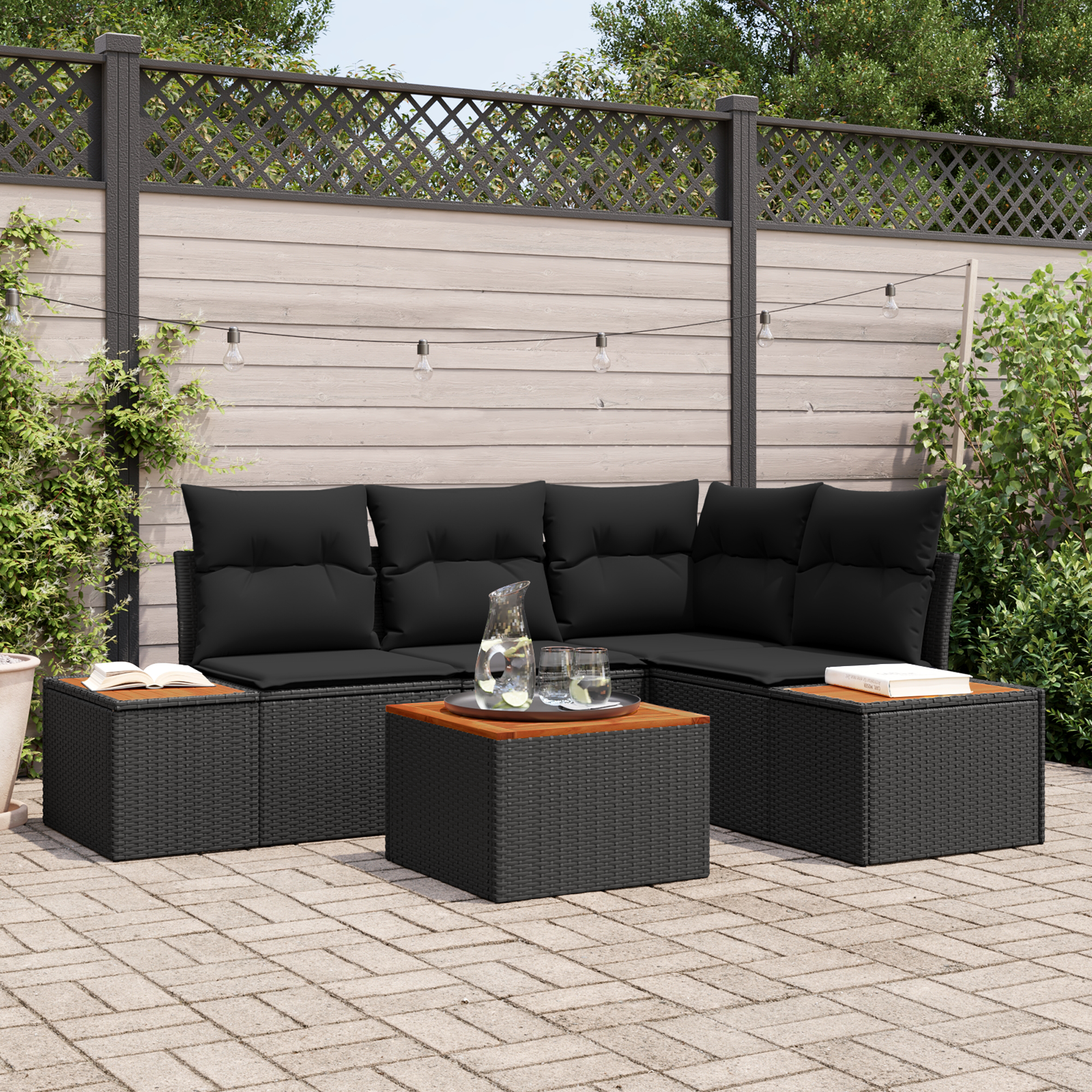 5-teiliges Garten-Sofa-Set mit Kissen Schwarz Poly-Rattan Akazie 5-teiliges Garten-Sofa-Set mit Kissen Schwarz Poly-Rattan Akazie
