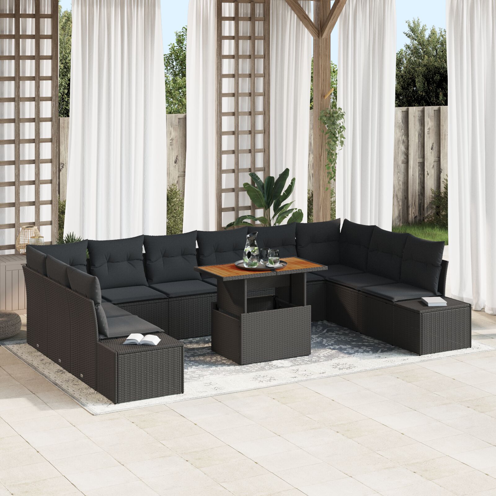 11-teiliges Garten Sofa Set mit Kissen Schwarz Poly Rattan