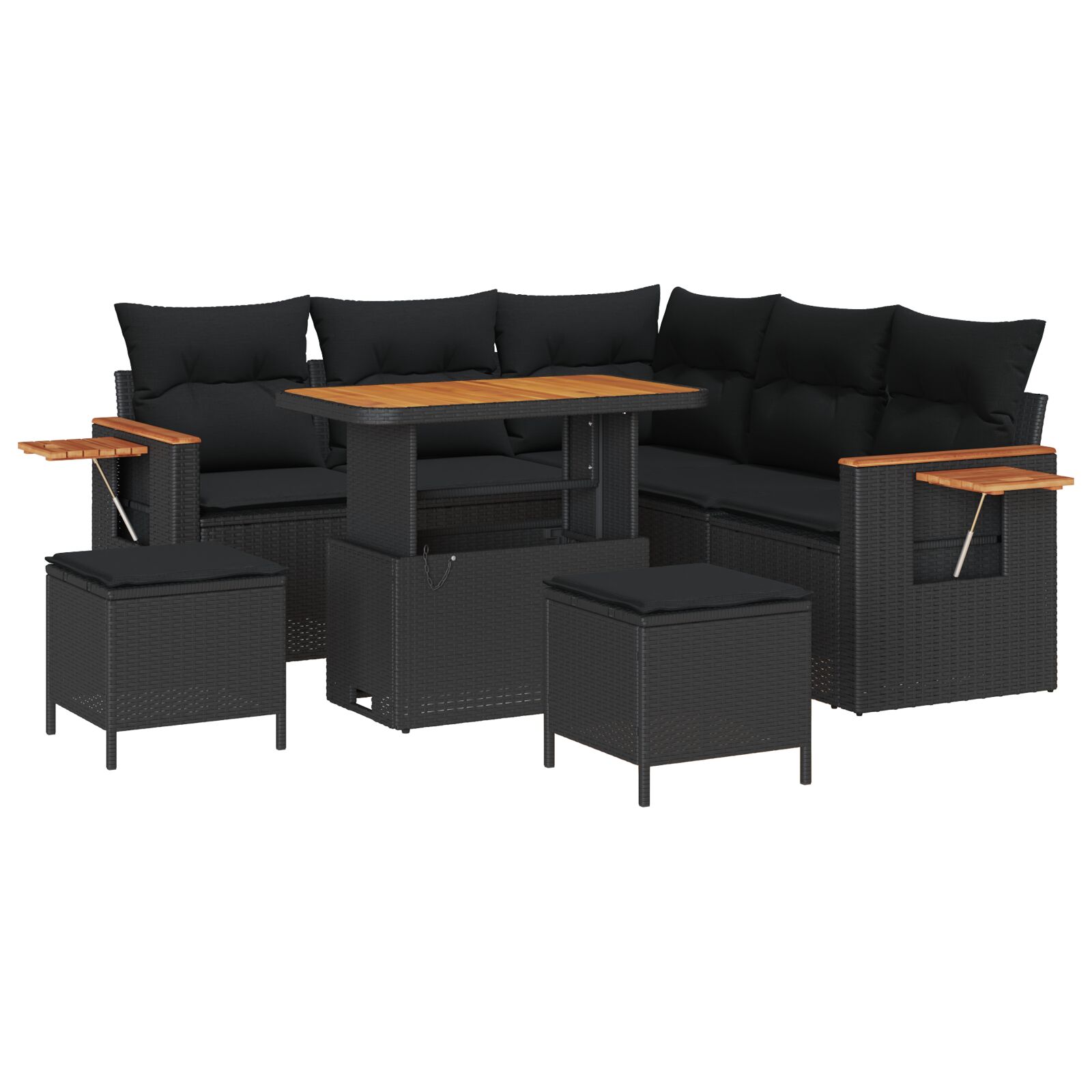 8-teiliges Garten Sofaset mit Kissen Schwarz Poly Rattan Akazie, 3-teiliges Garten Essset mit Kissen Schwarz Poly Rattan Akazie
