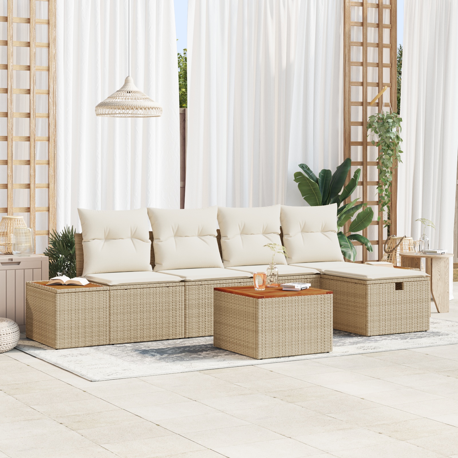 6-teiliges Garten Sofa Set mit Kissen, beiges Poly-Rattan 6-teiliges Garten Sofa Set mit Kissen, beiges Poly-Rattan