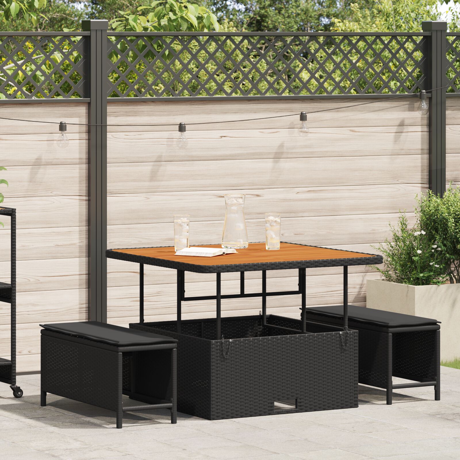 3-teiliges Garten Esszimmer Set mit Kissen Schwarz Poly Rattan Akazie 3-teiliges Garten Esszimmer Set mit Kissen Schwarz Poly Rattan Akazie