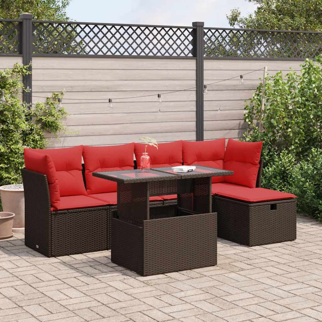 6-tlg. Garten-Sofagarnitur mit Kissen Braun Poly Rattan Akazie 6-tlg. Garten-Sofagarnitur mit Kissen Braun Poly Rattan Akazie