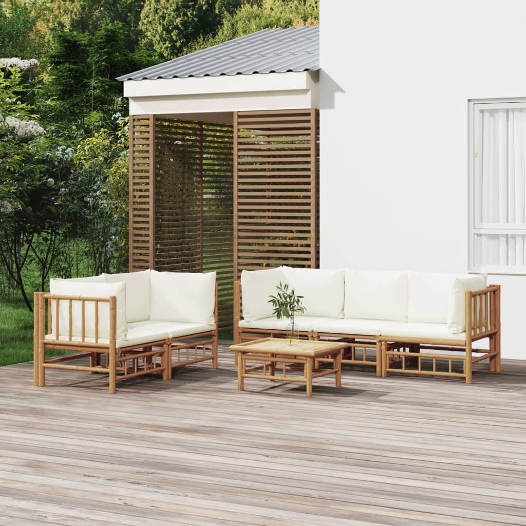 6-tlg. Garten-Lounge-Set mit Cremeweißen Kissen Bambus 6-tlg. Garten-Lounge-Set mit Cremeweißen Kissen Bambus