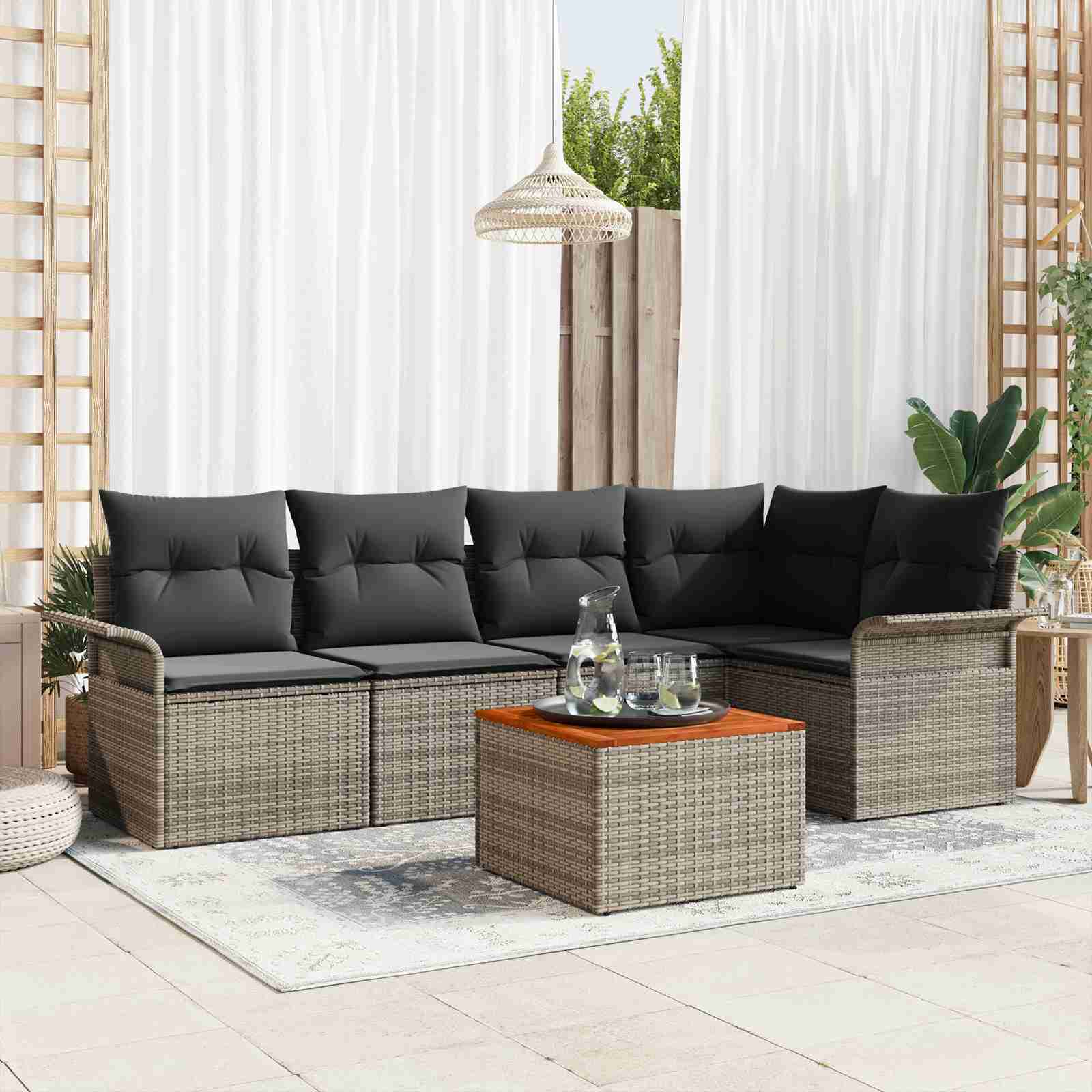 6-teiliges Garten Sofa Set mit Kissen Graues Poly Rattan Akazie 6-teiliges Garten Sofa Set mit Kissen Graues Poly Rattan Akazie