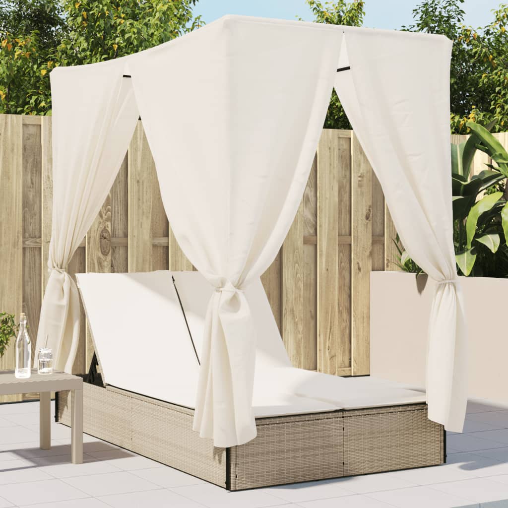 Doppel-Sonnenliege mit Dach und Vorhängen Beige Poly Rattan Doppel-Sonnenliege mit Dach und Vorhängen Beige Poly Rattan