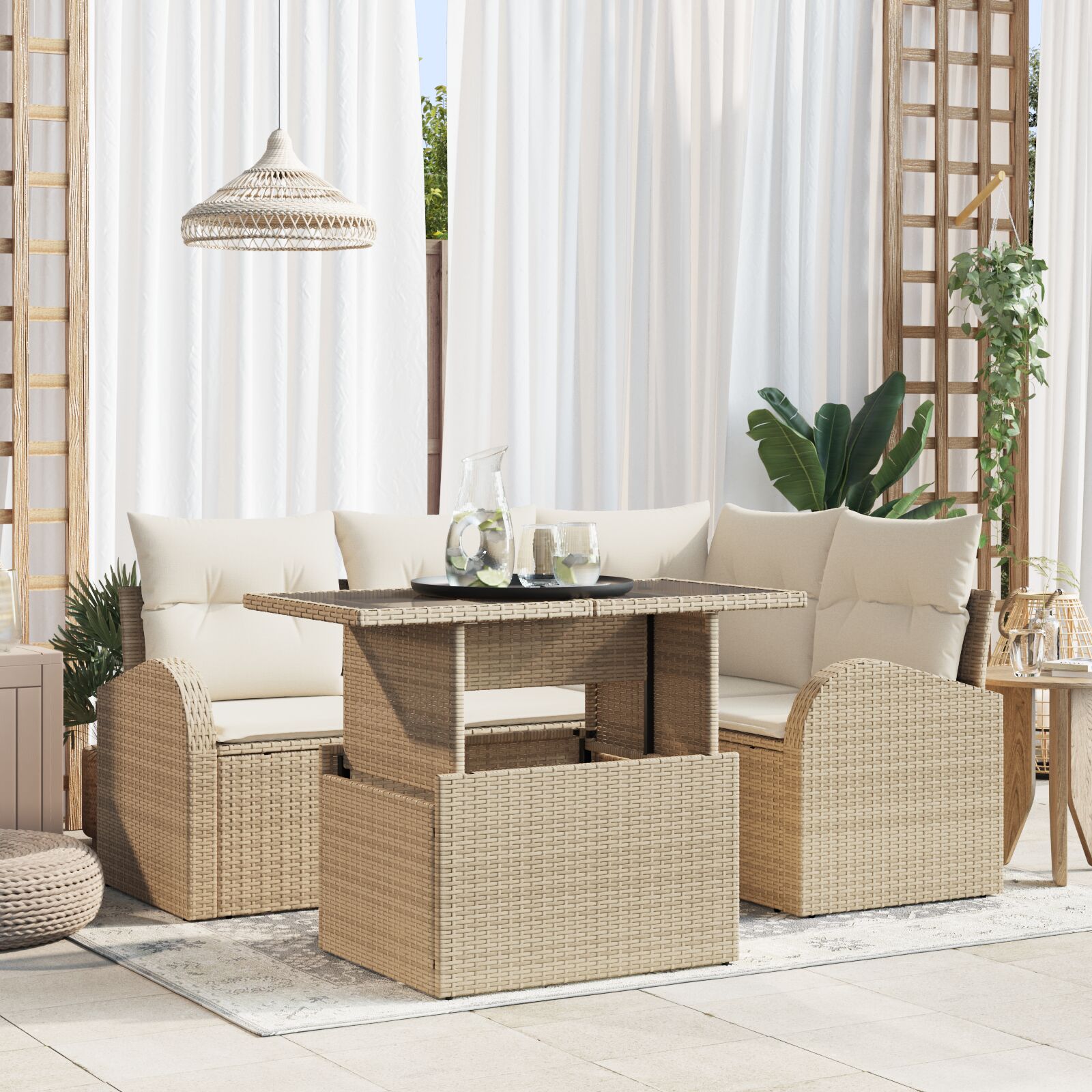 5-teiliges Garten-Sofa-Set mit Kissen Beige Poly Rattan