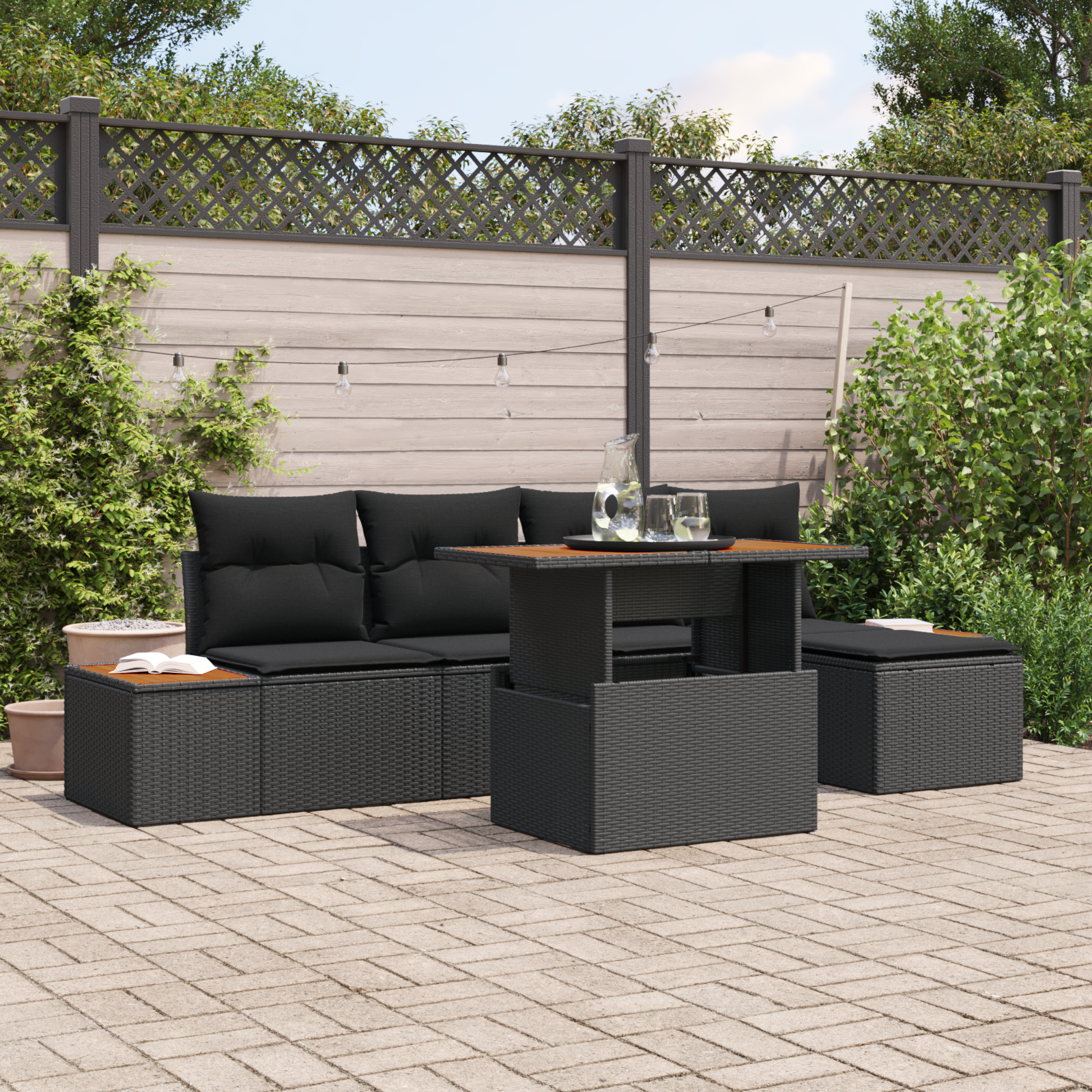 6-teilige Garten-Essgruppe mit Kissen Schwarzes Poly-Rattan Akazie 6-teilige Garten-Essgruppe mit Kissen Schwarzes Poly-Rattan Akazie
