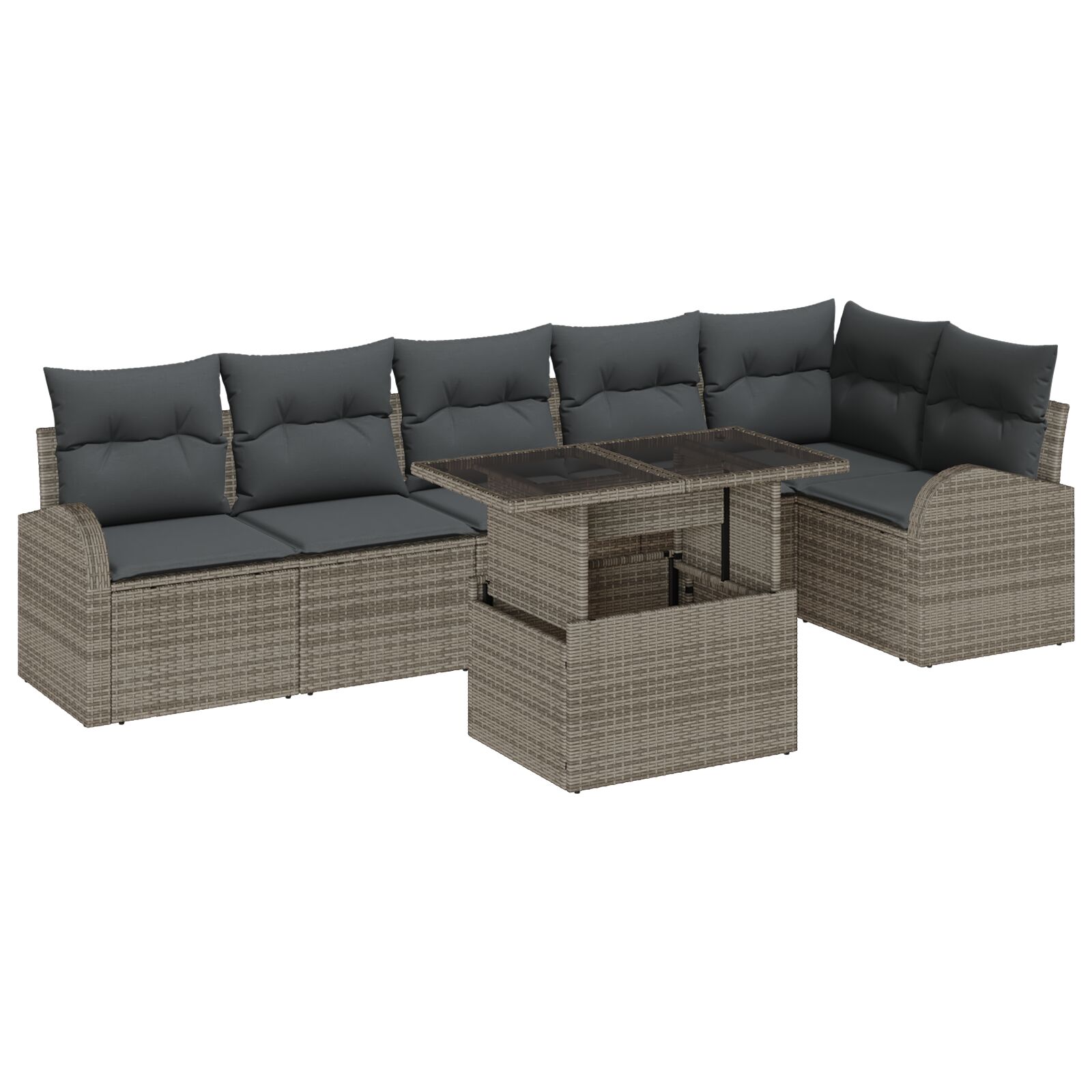 7-teiliges Garten-Sofa-Set mit Kissen Graues Poly-Rattan, 2-Sitzer Garten-Sofa mit Stauraum & Kissen Graues Poly-Rattan 7-teiliges Garten-Sofa-Set mit Kissen Graues Poly-Rattan, 2-Sitzer Garten-Sofa mit Stauraum & Kissen Graues Poly-Rattan