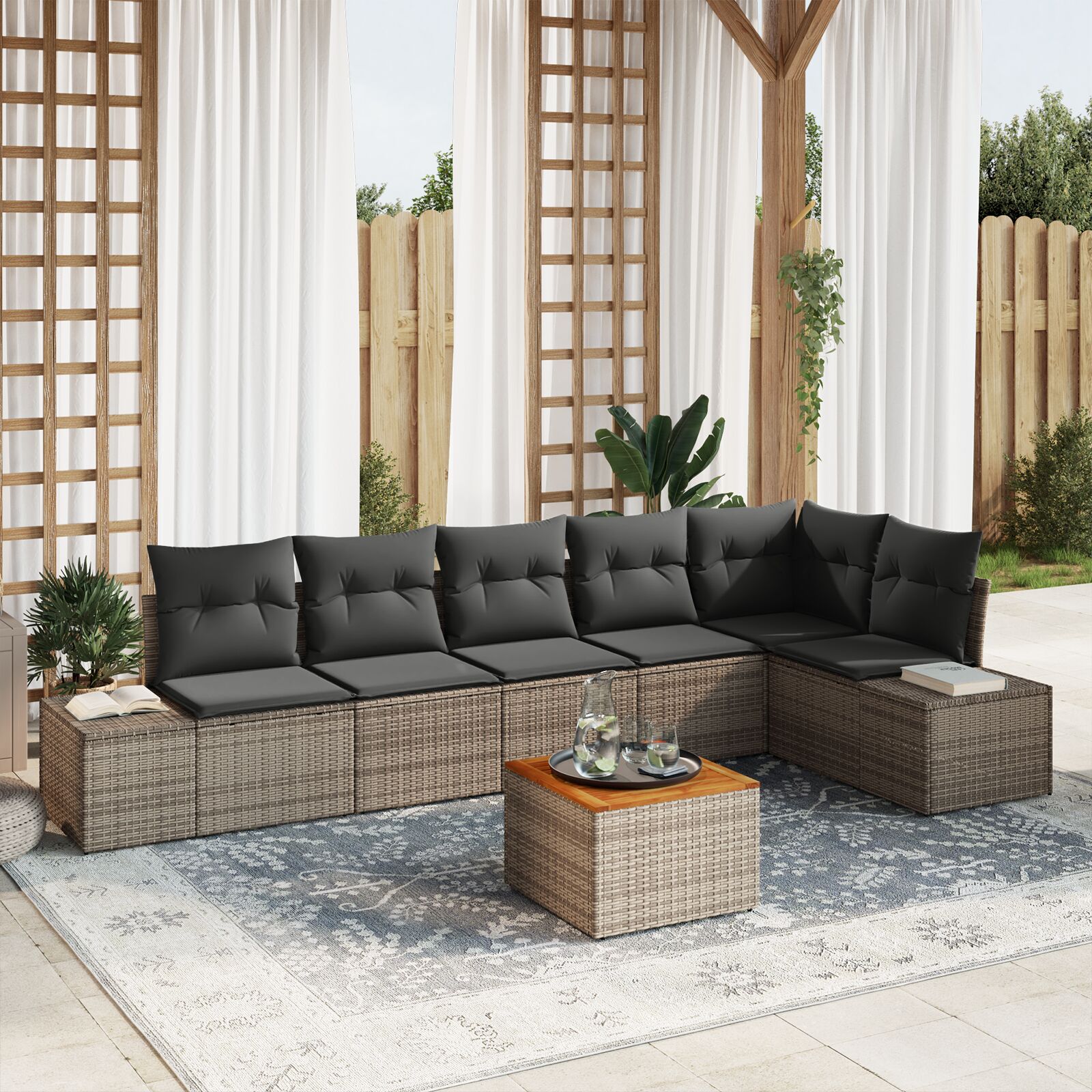 7-Teiliges Garten-Sofa-Set mit Kissen Grau Poly-Rattan Akazie