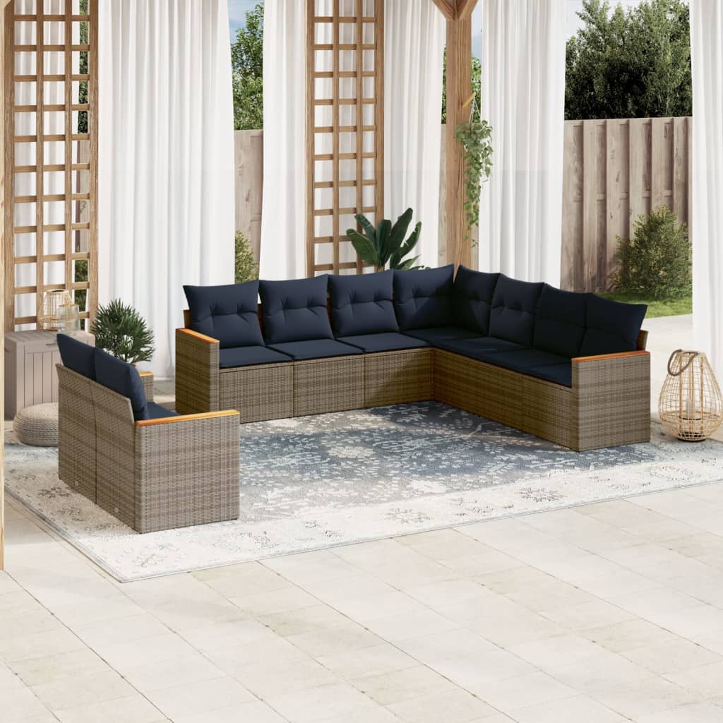 9-teiliges Gartensofa-Set mit Kissen, grau, Polyrattan