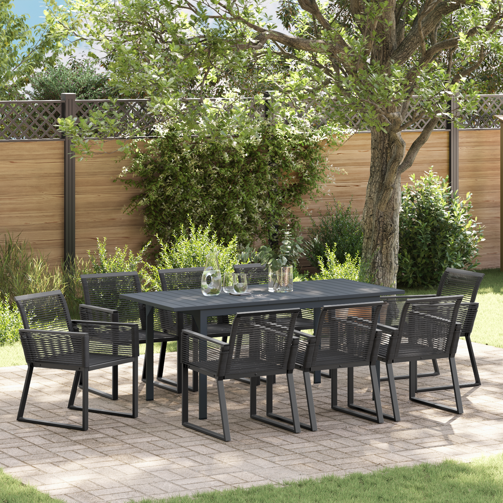 6-teiliges Garten Essgruppe aus schwarzem Stahl und Poly-Rattan
