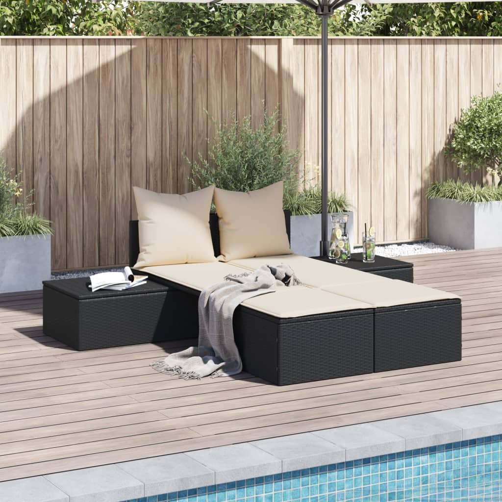 Doppel-Sonnenliege mit Kissen Schwarz Poly Rattan Doppel-Sonnenliege mit Kissen Schwarz Poly Rattan
