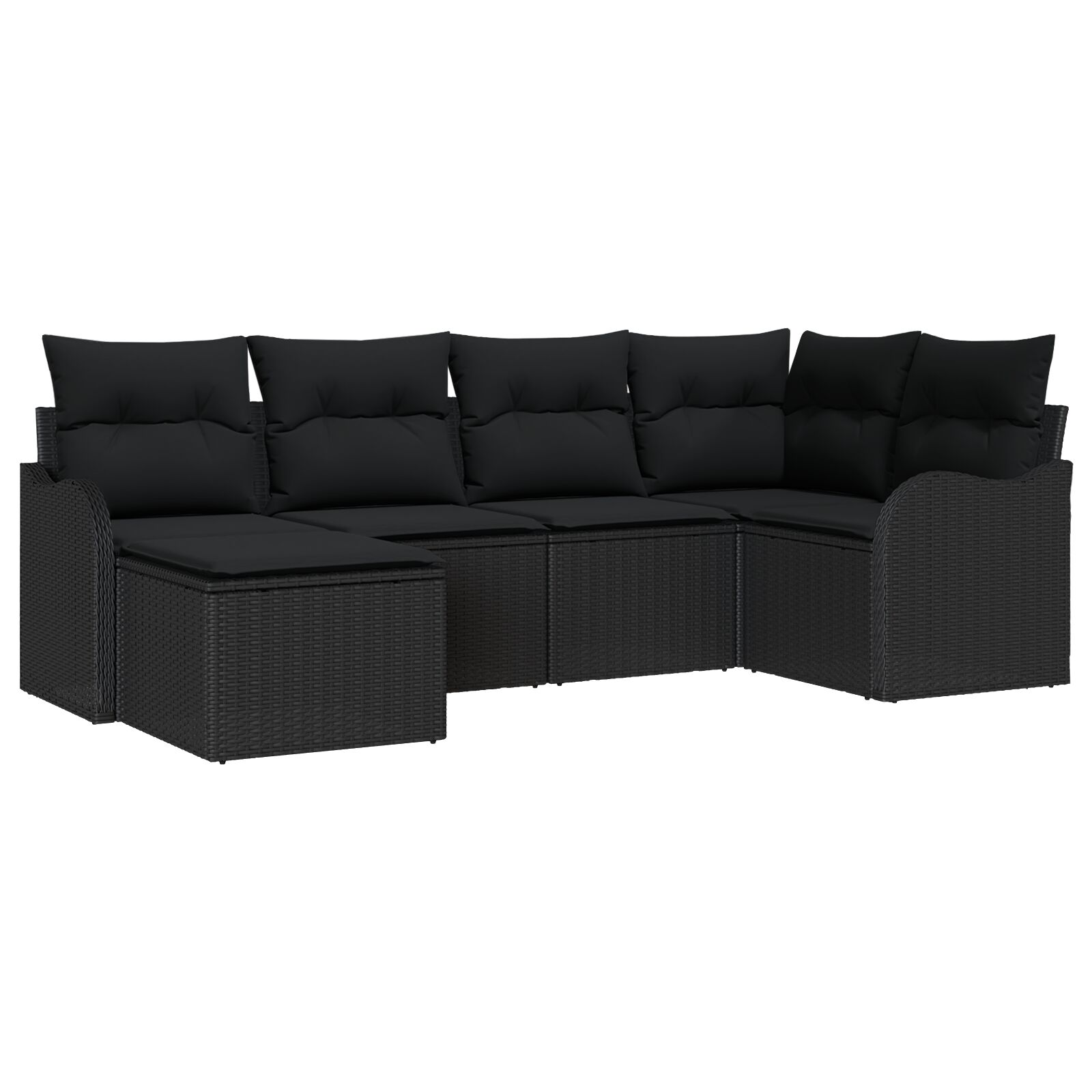 6-teiliges Garten Sofa Set mit Kissen Schwarz Poly Rattan, 2-Sitzer Garten Sofa mit Kissen Schwarz Poly Rattan