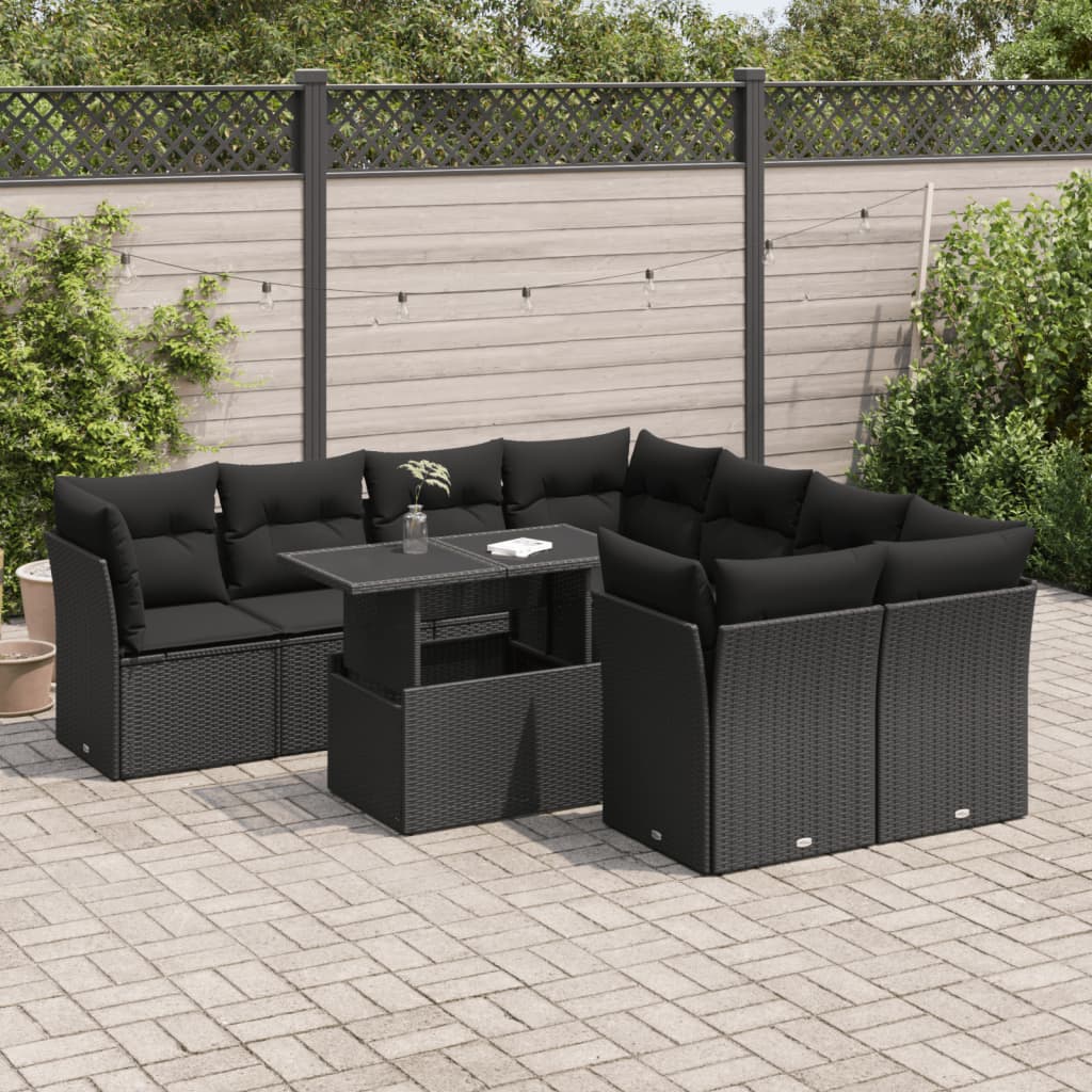 9-tlg. Garten-Sofagarnitur mit Kissen Schwarz Poly Rattan 9-tlg. Garten-Sofagarnitur mit Kissen Schwarz Poly Rattan