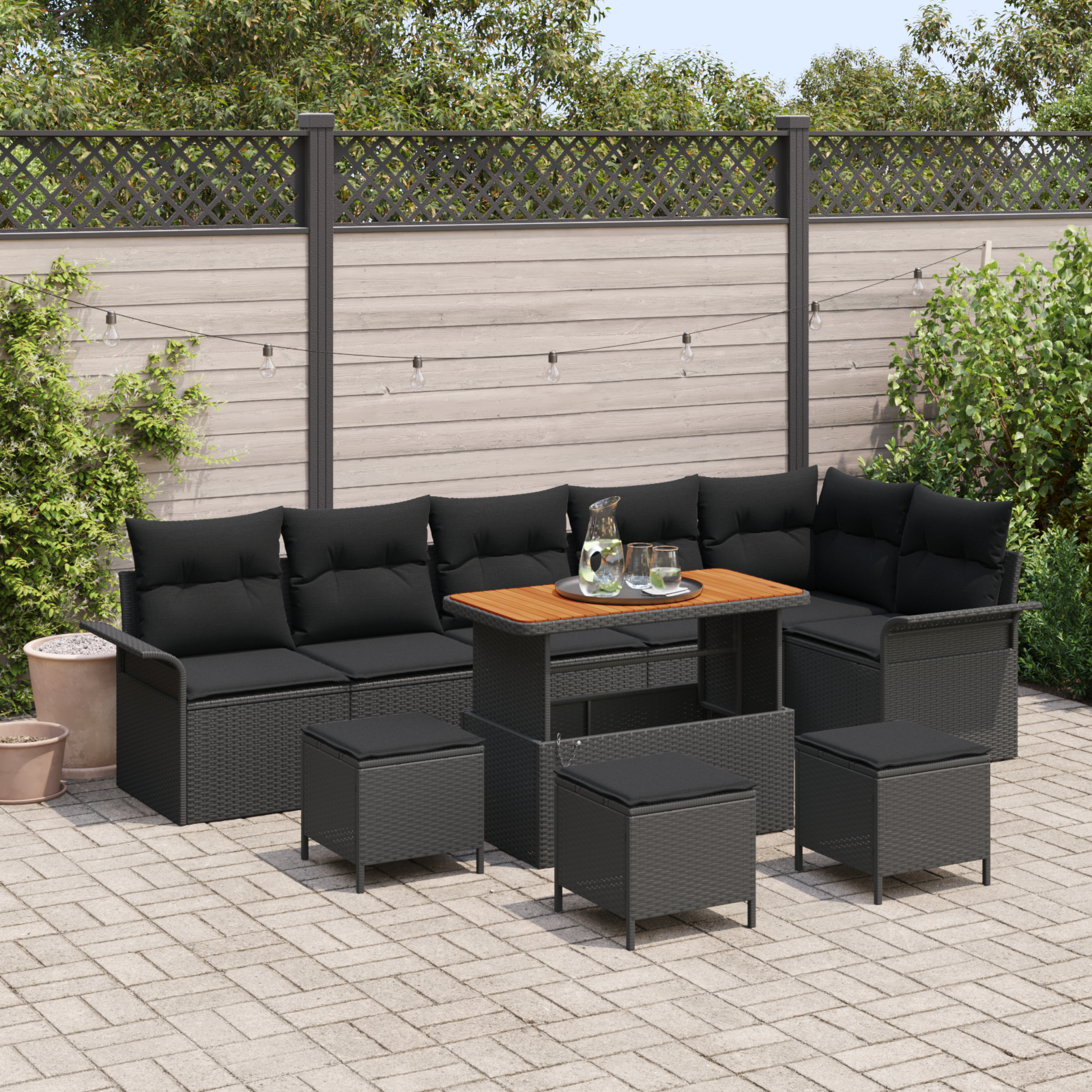 10-teiliges Garten Sofaset mit Kissen Schwarz Poly Rattan Akazie