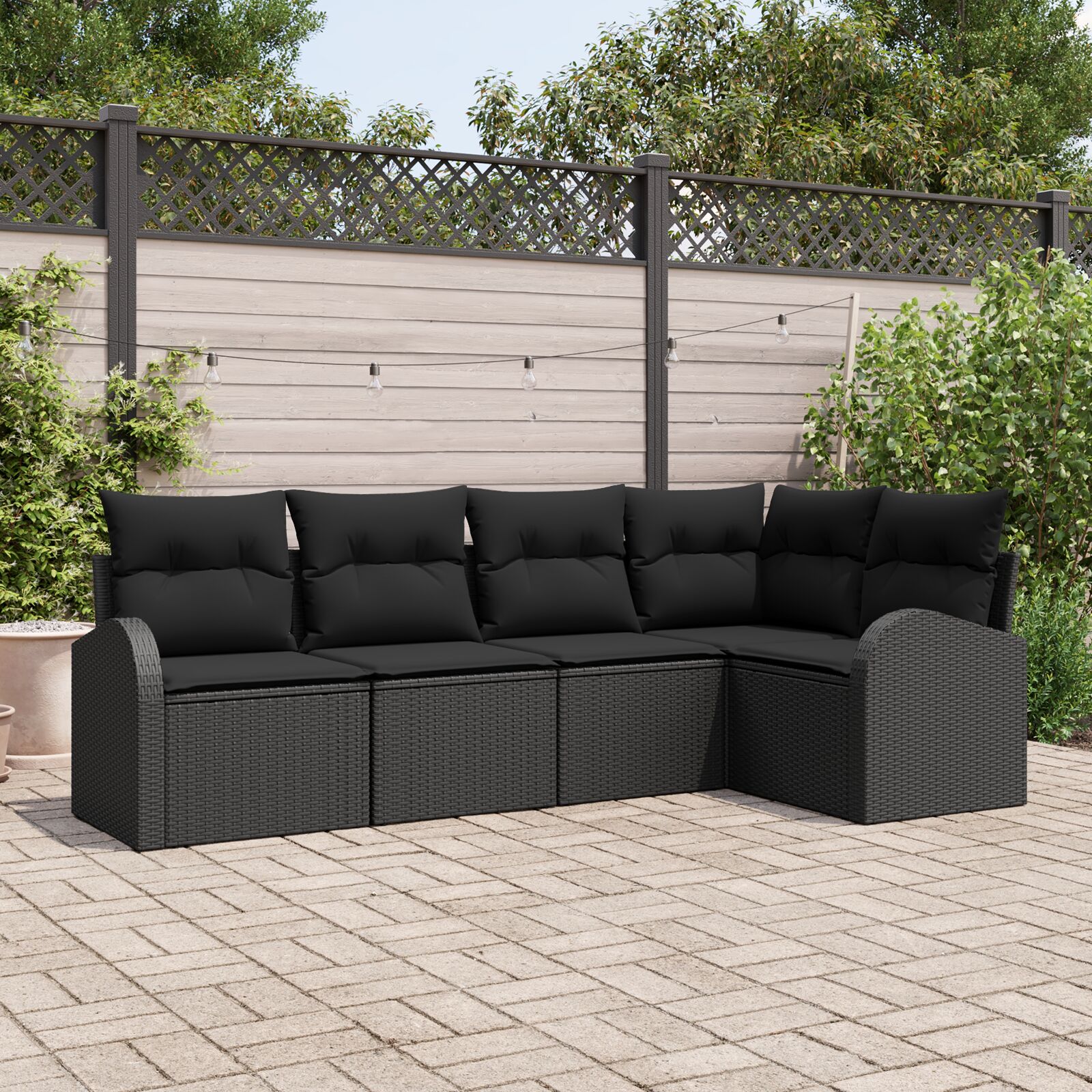 5-teiliges Garten Sofa Set mit Kissen Schwarz Poly-Rattan 5-teiliges Garten Sofa Set mit Kissen Schwarz Poly-Rattan
