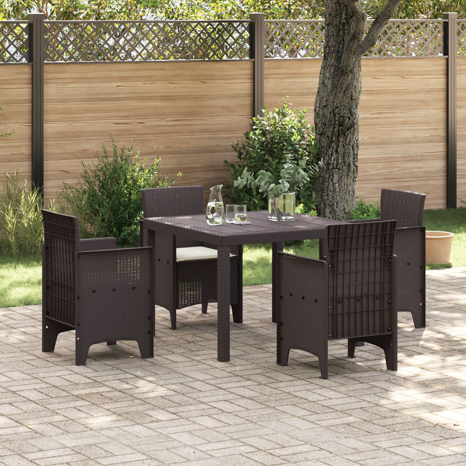 5-teiliges Garten Esstisch Set mit Kissen Brauner Poly Rattan