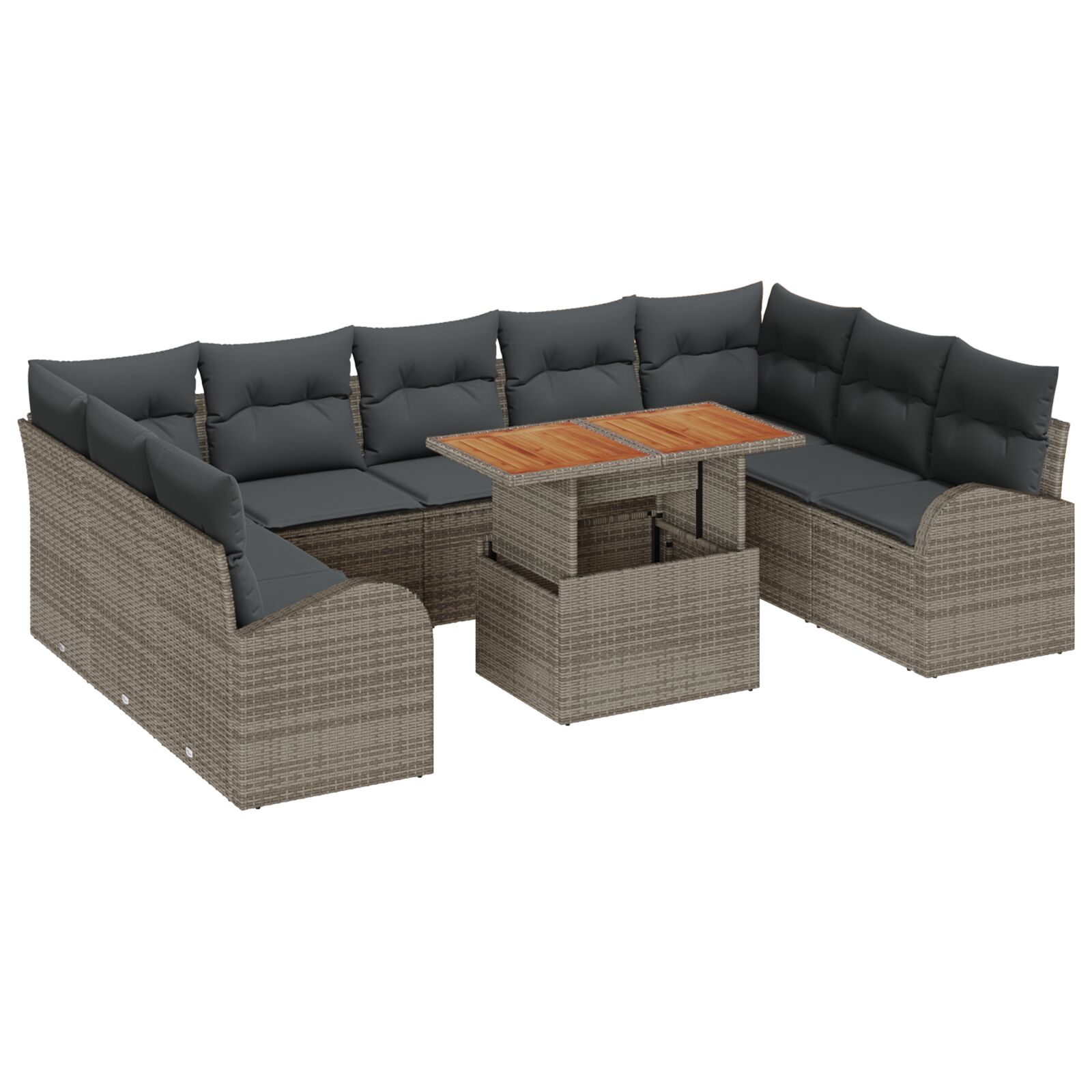 10-teilige Garten Sofa Set mit Kissen Grau Poly Rattan, 2-Sitzer Garten Sofa mit Stauraum & Kissen Grau Poly Rattan