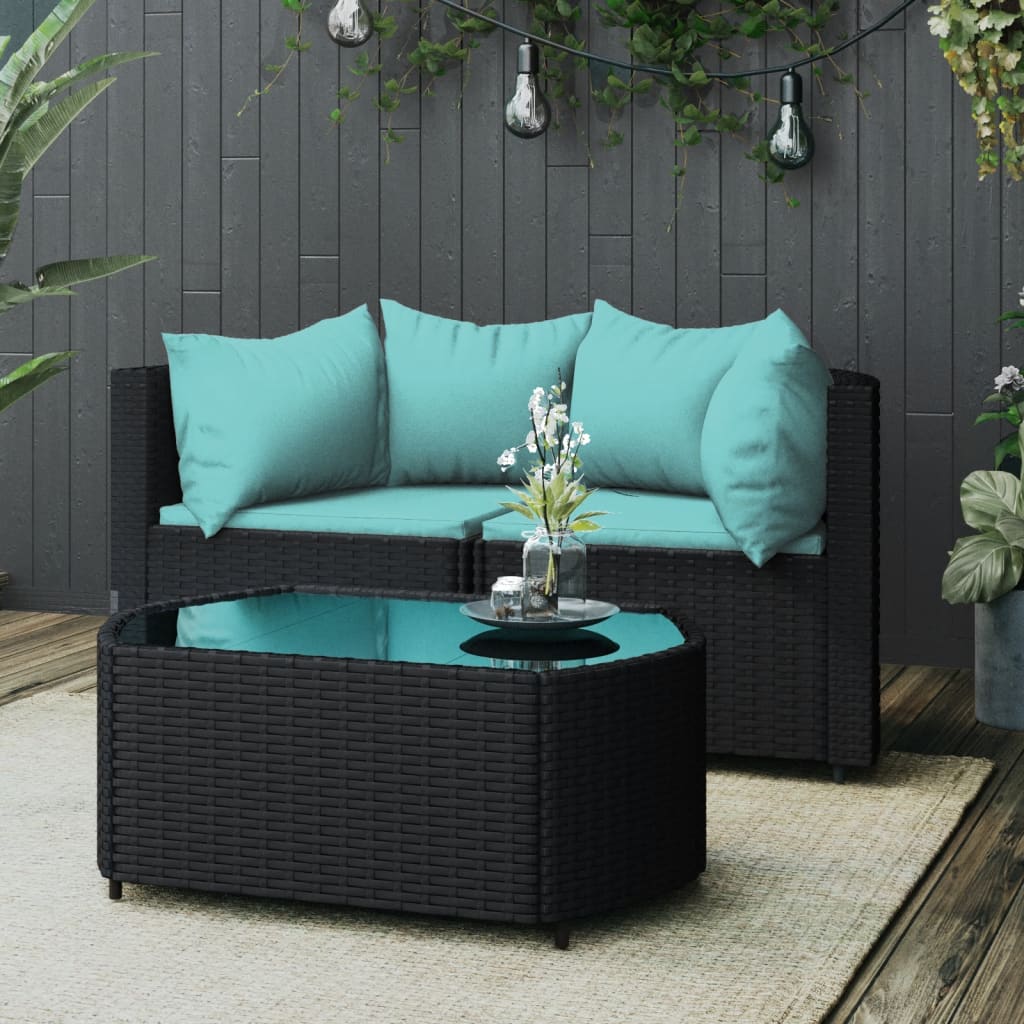 3-tlg. Garten-Lounge-Set mit Kissen Schwarz Poly Rattan 3-tlg. Garten-Lounge-Set mit Kissen Schwarz Poly Rattan