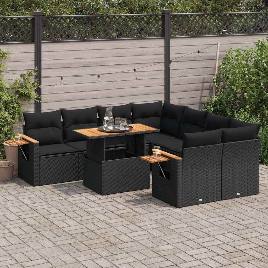 9-tlg. Garten-Sofagarnitur mit Kissen Schwarz Poly Rattan 9-tlg. Garten-Sofagarnitur mit Kissen Schwarz Poly Rattan