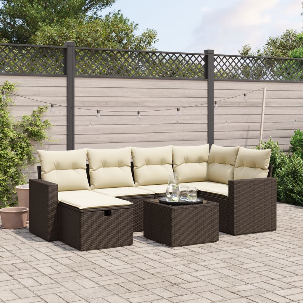 7-tlg. Garten-Sofagarnitur mit Kissen Braun Poly Rattan